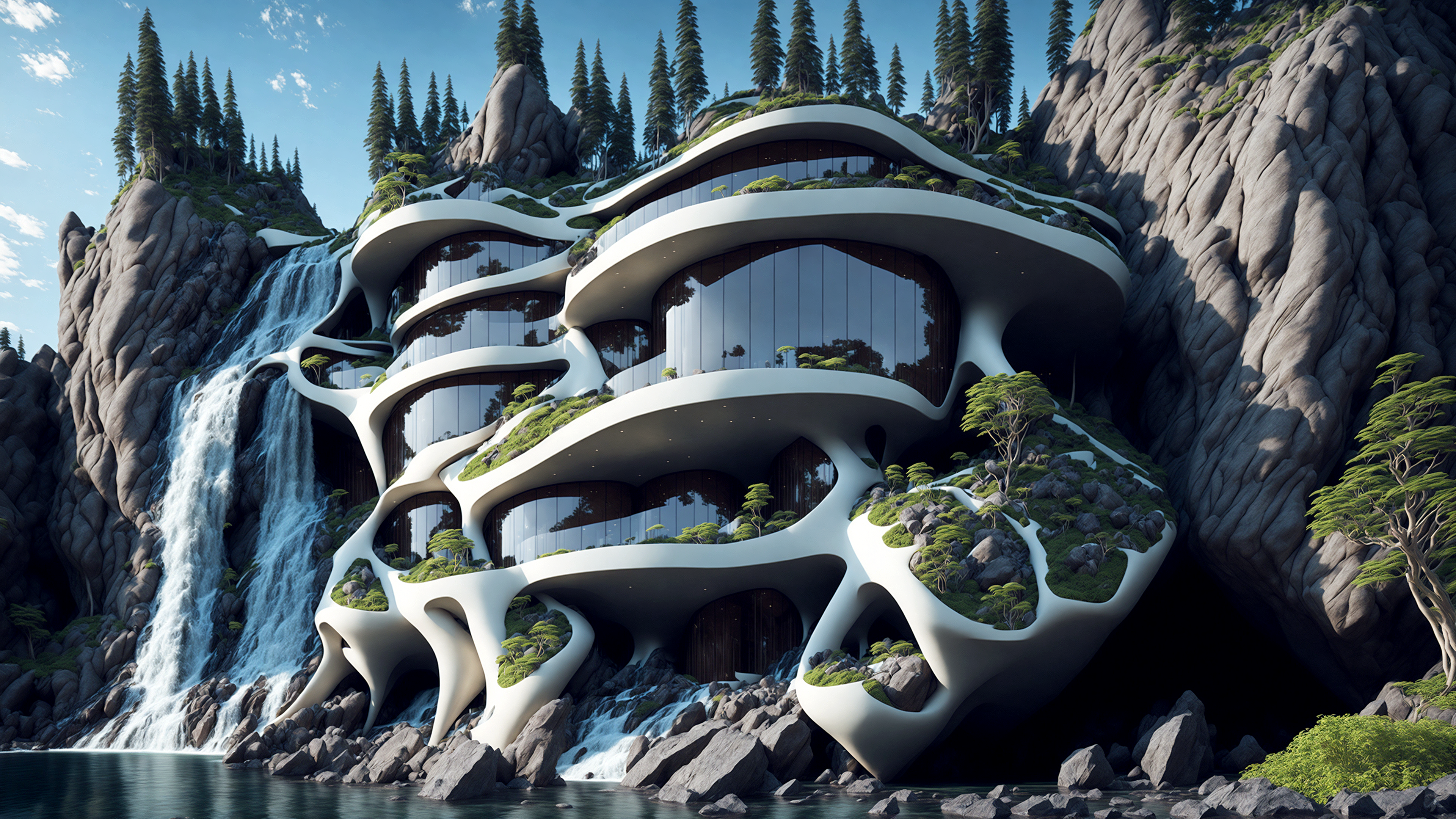Ai Art House Futurism Nature Waterfall Water Trees Building 3840x2160