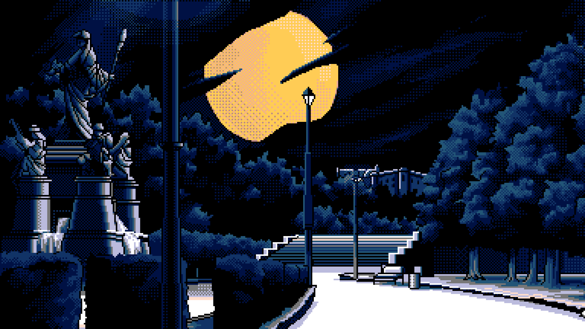 PC 98 Game CG Pixel Art Full Moon Statue Night Trees Street Light Lamp Artwork Digital Art Moon 1920x1080