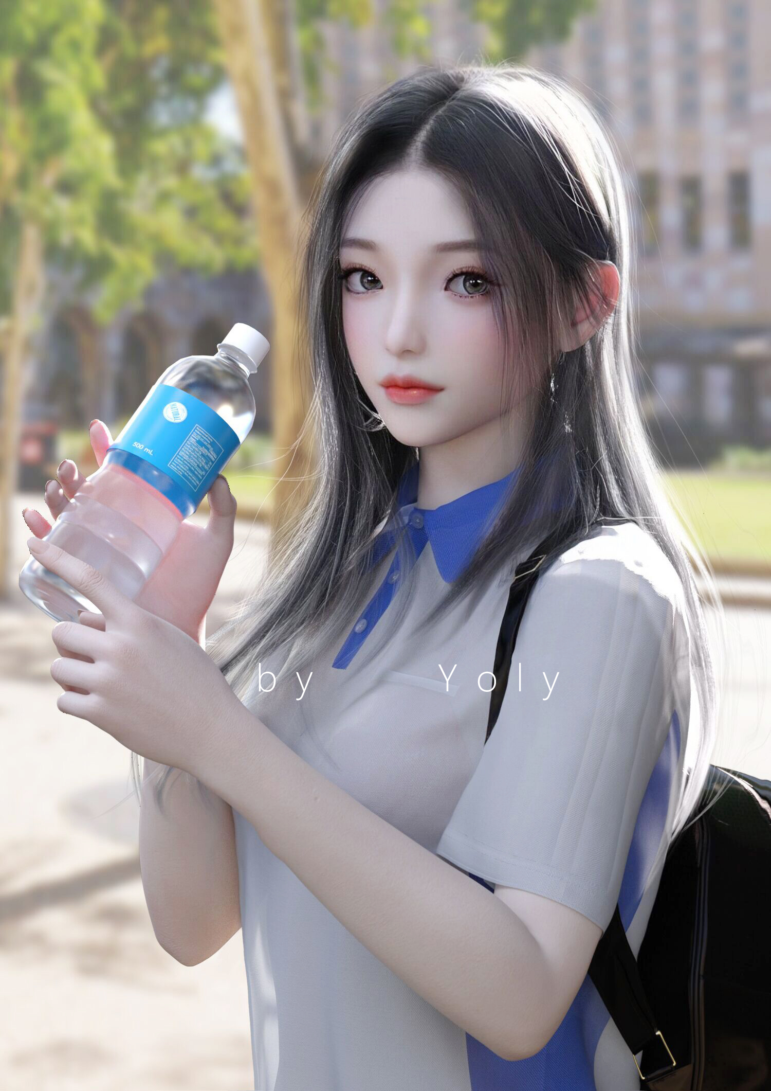 Women Schoolgirl Yoly CGi Digital Art School Uniform Asian Long Hair Black Hair School Water Bottle 1500x2121