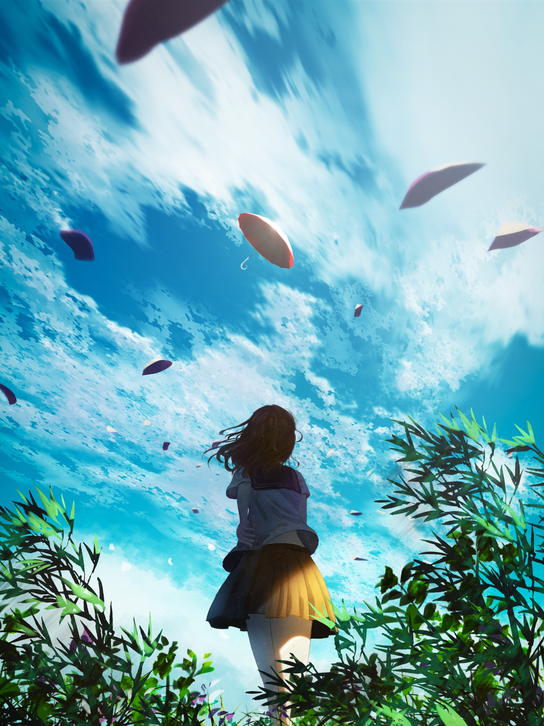 Shuu Illust Low Angle Anime Girls Vertical Clouds Cumulus Schoolgirl School Uniform Worms Eye View S 1752x2336