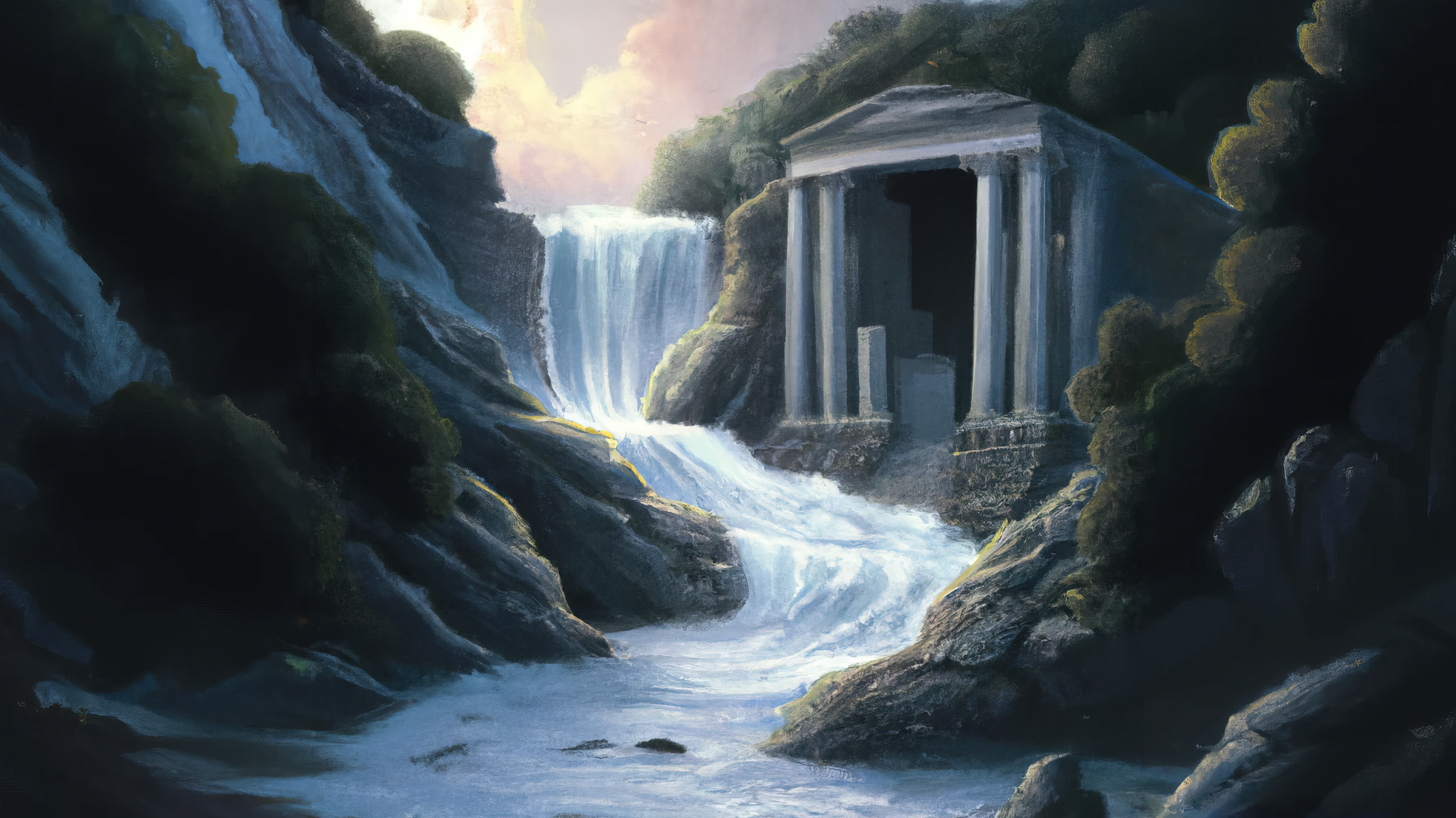 Ai Art Ai Painting Painting Temple Ancient Temple Waterfall Rome Ancient Rome Greece Ancient Greece  3072x1728