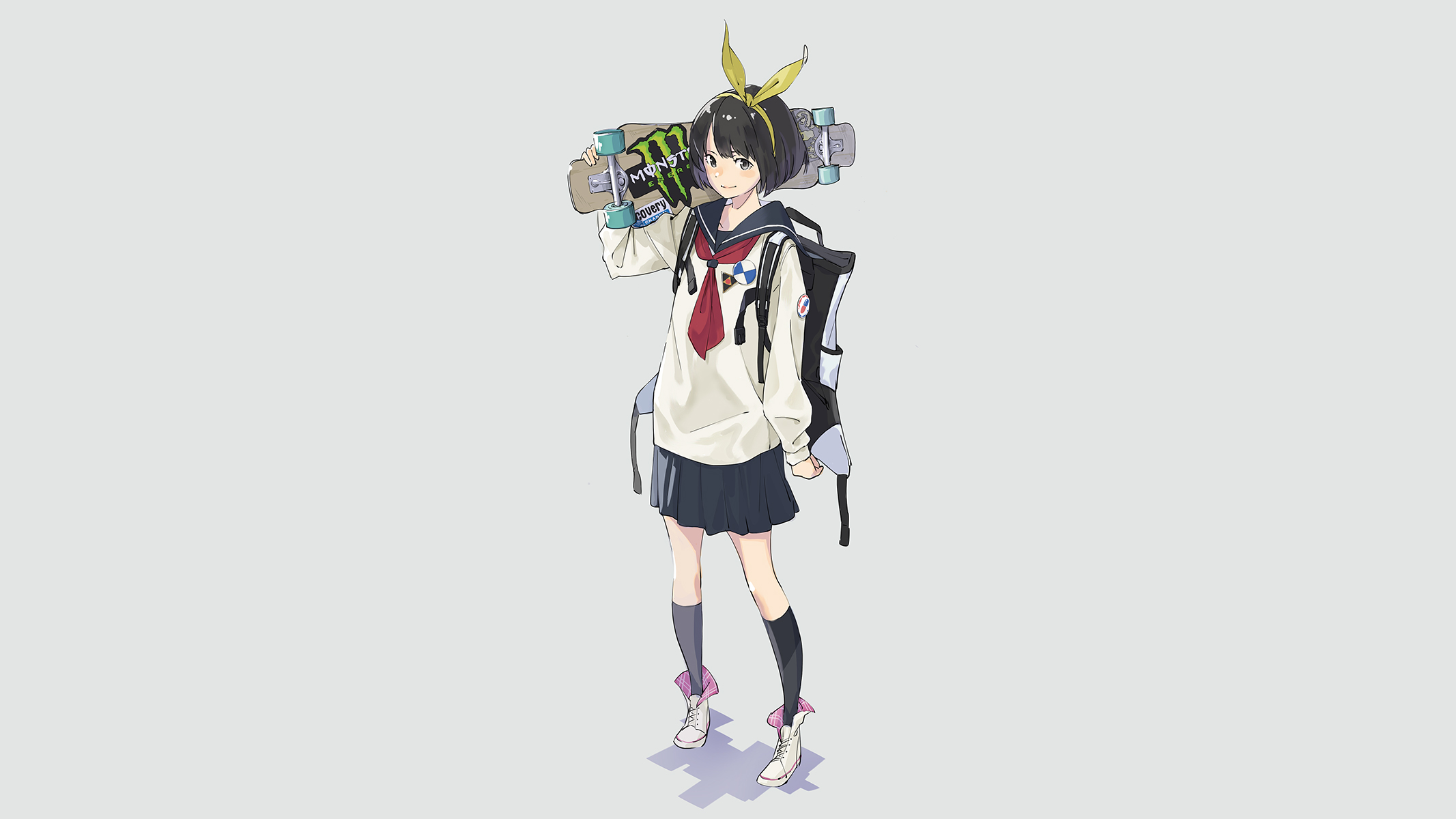 Anime Anime Girls Original Characters Simple Background Artwork Drawing Popman3580 Skateboard Monste 2133x1200