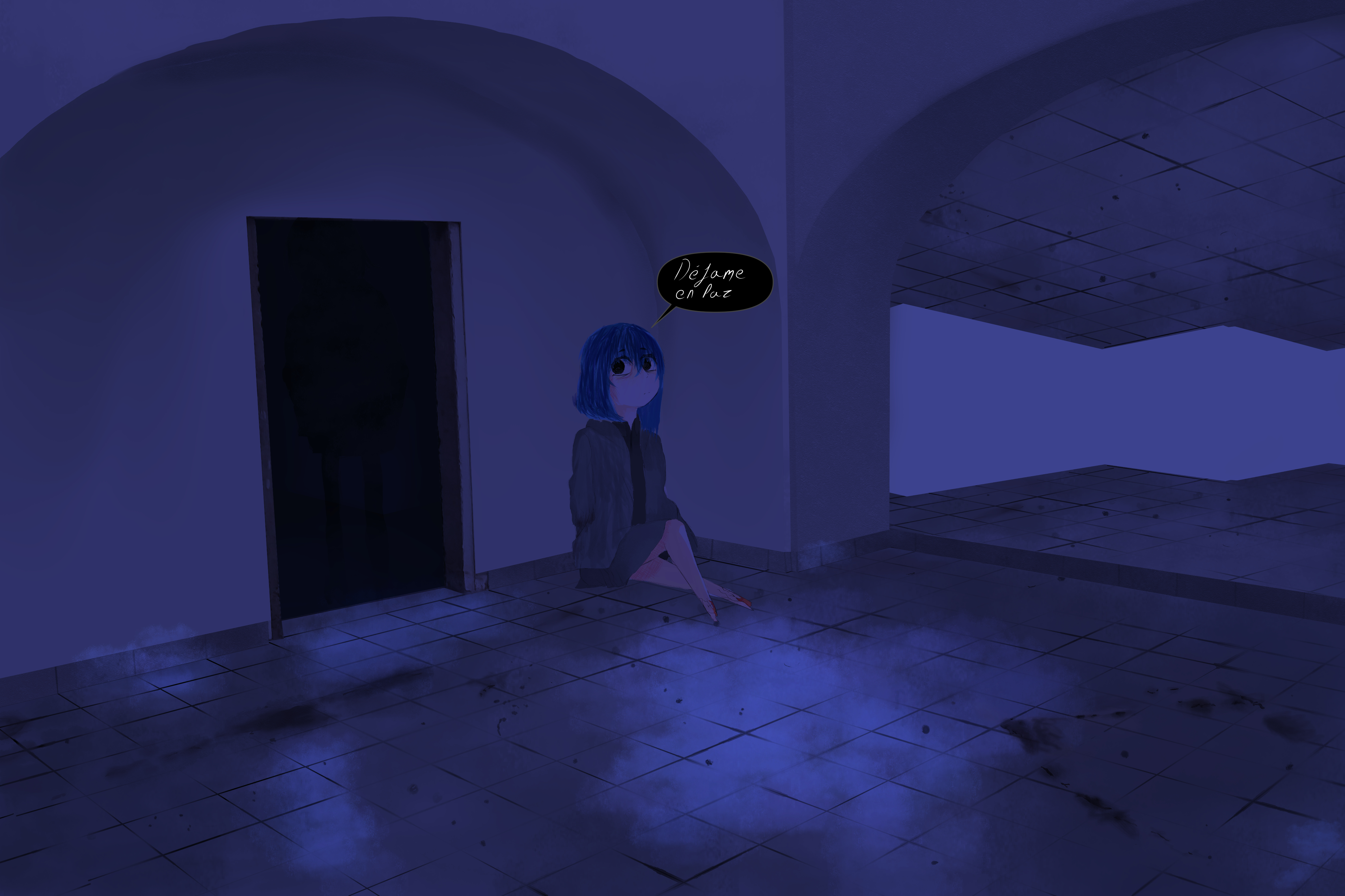 Shadow Digital Art Artwork Horror Sitting Simple Background Dark Anime Girls Text Spanish Door Short 4659x3104