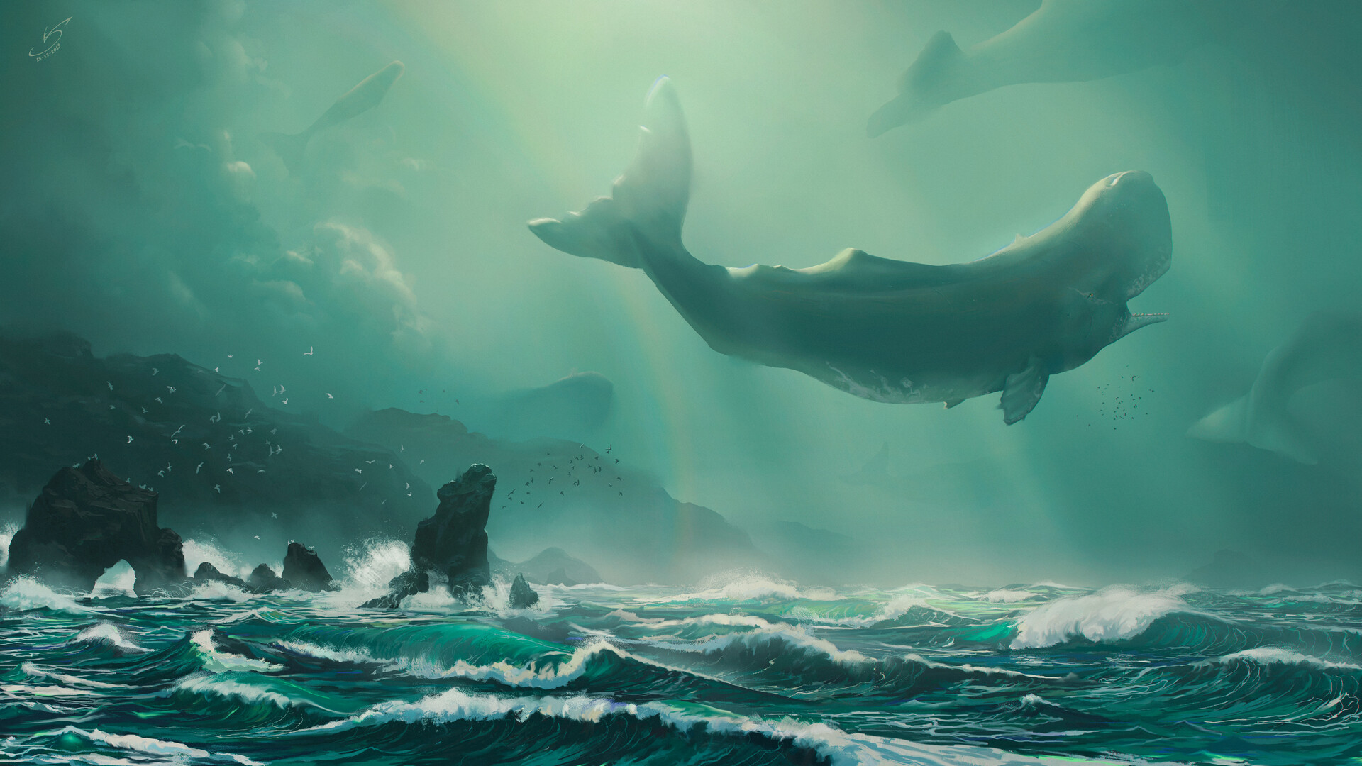 Victor Sales Digital Art Fantasy Art ArtStation Whale Sea Rainbows Mist Birds Floating Water Animals 1920x1080