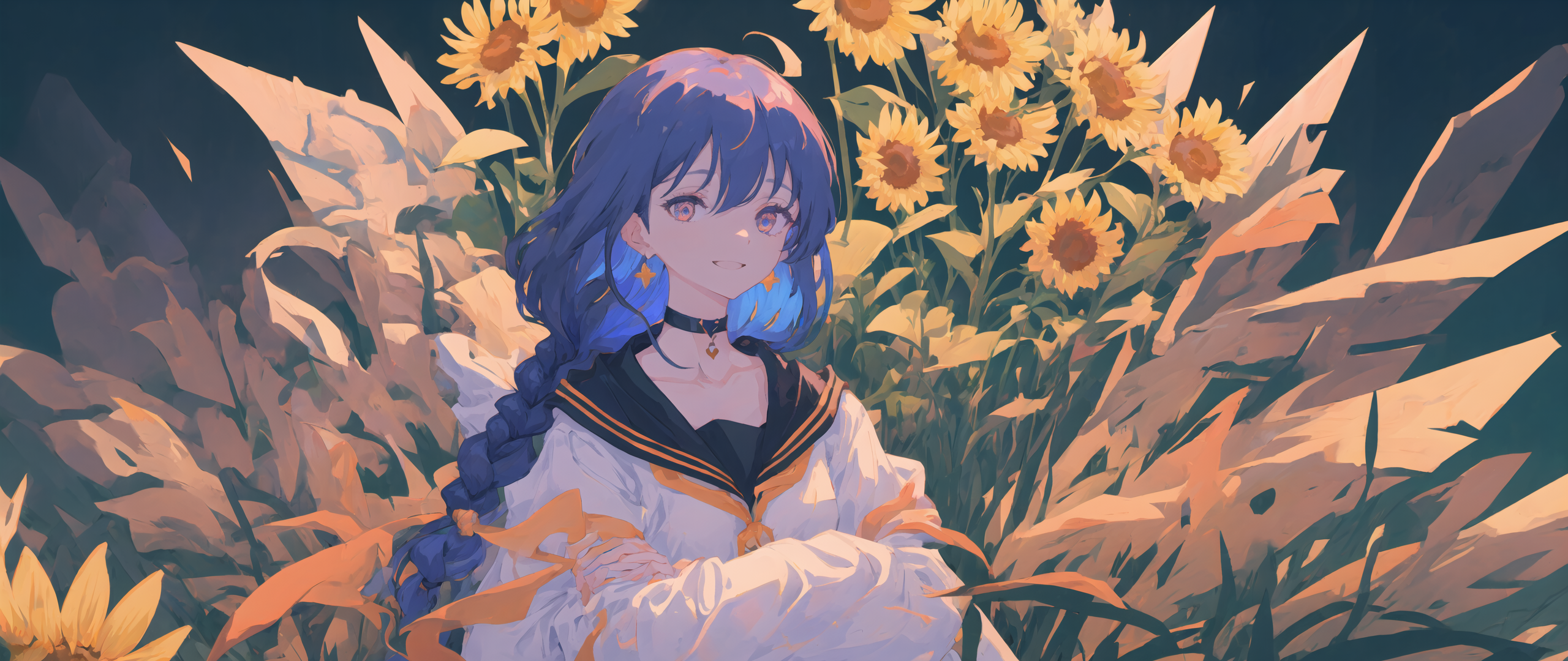 Blue Hair Anime Girls Sunflowers Pastel Ai Art Bangs Choker French Braid Earring Looking At Viewer F 2560x1080