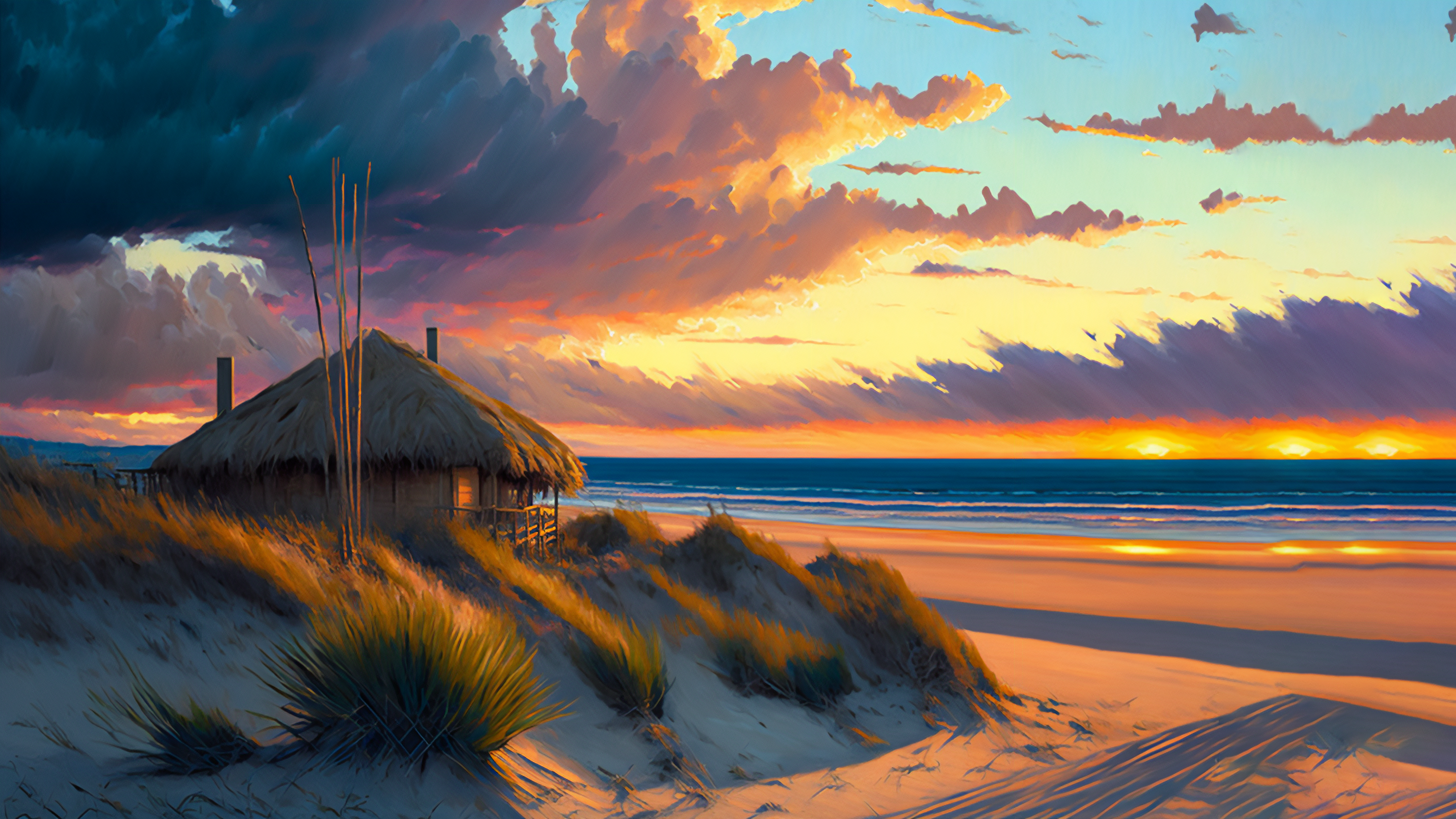 Beach Sunset Hut Illustration Sunset Glow Clouds Water Ai Art 3641x2048