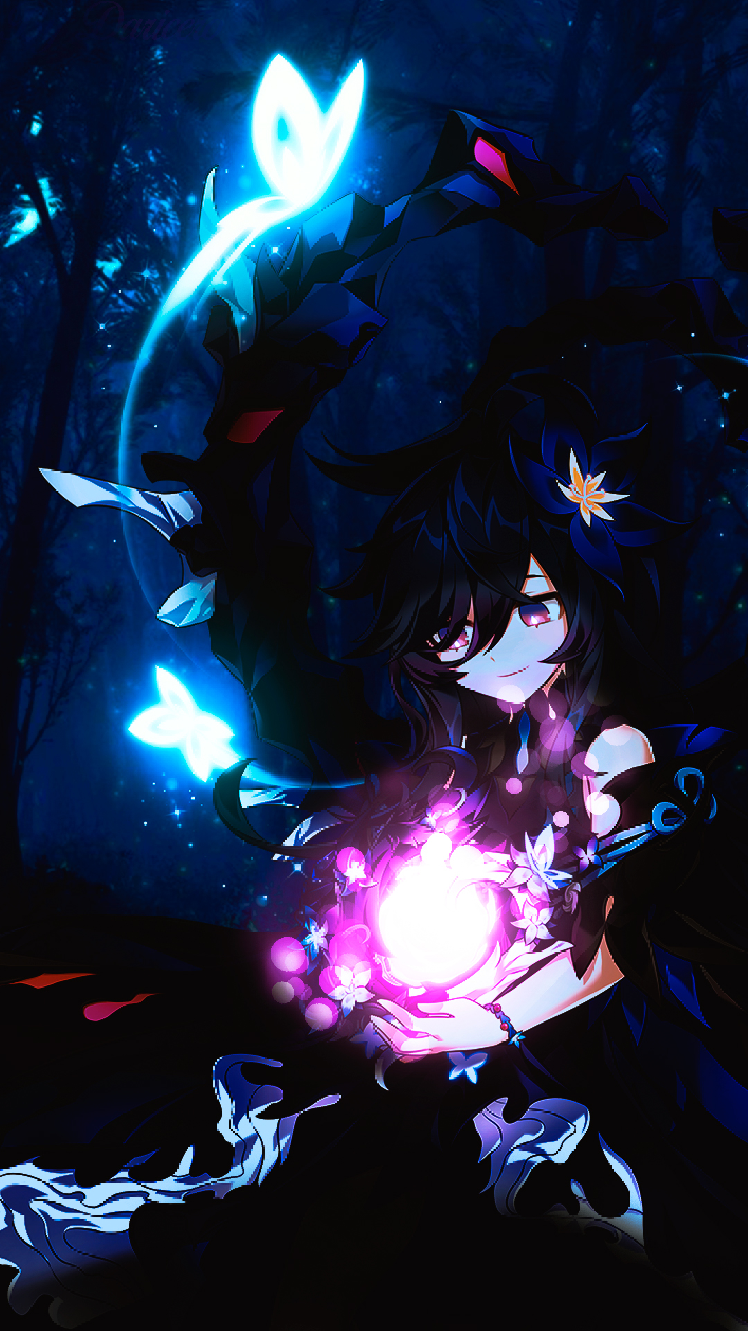 Elsword Laby Elsword Night Forest Butterfly Anime Girls Blue Eyes Glowing Vertical 1080x1920