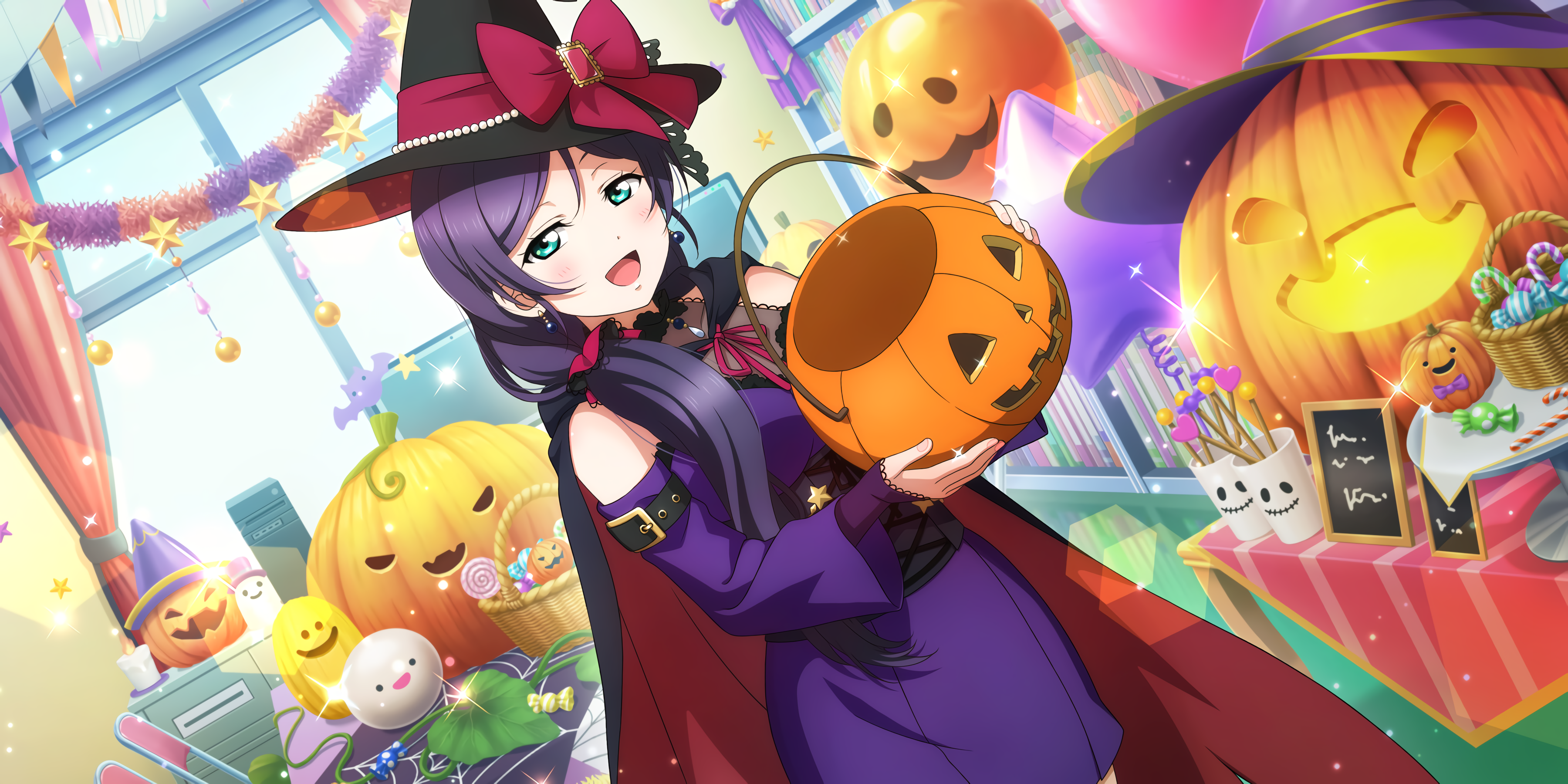 Toujou Nozomi Love Live Anime Anime Girls Pumpkin Sweets Halloween Costume Halloween Witch Hat Hat 3600x1800
