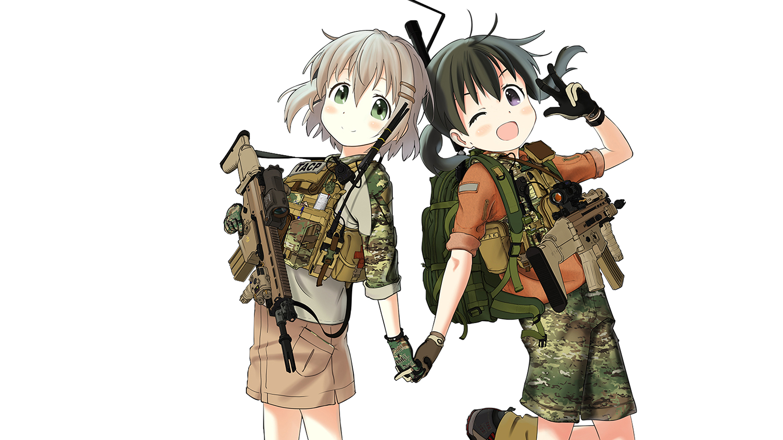 Anime Girls With Guns Anime Girls Gloves Blushing Smiling Short Hair Twintails White Background Simp 1600x900