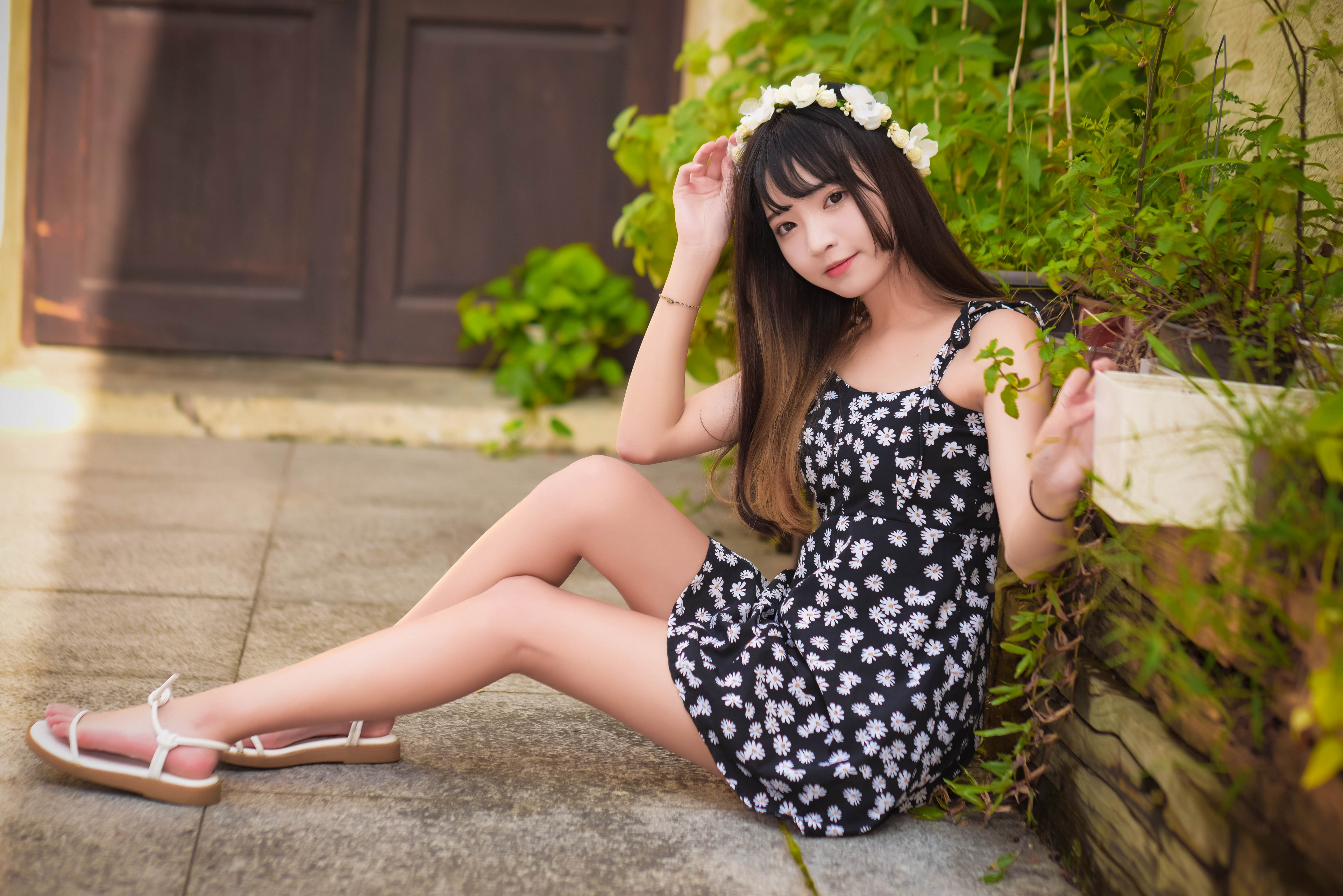 Asian Model Women Long Hair Dark Hair Flower Dress Sitting Barefoot Sandal Flower Crown 3840x2563