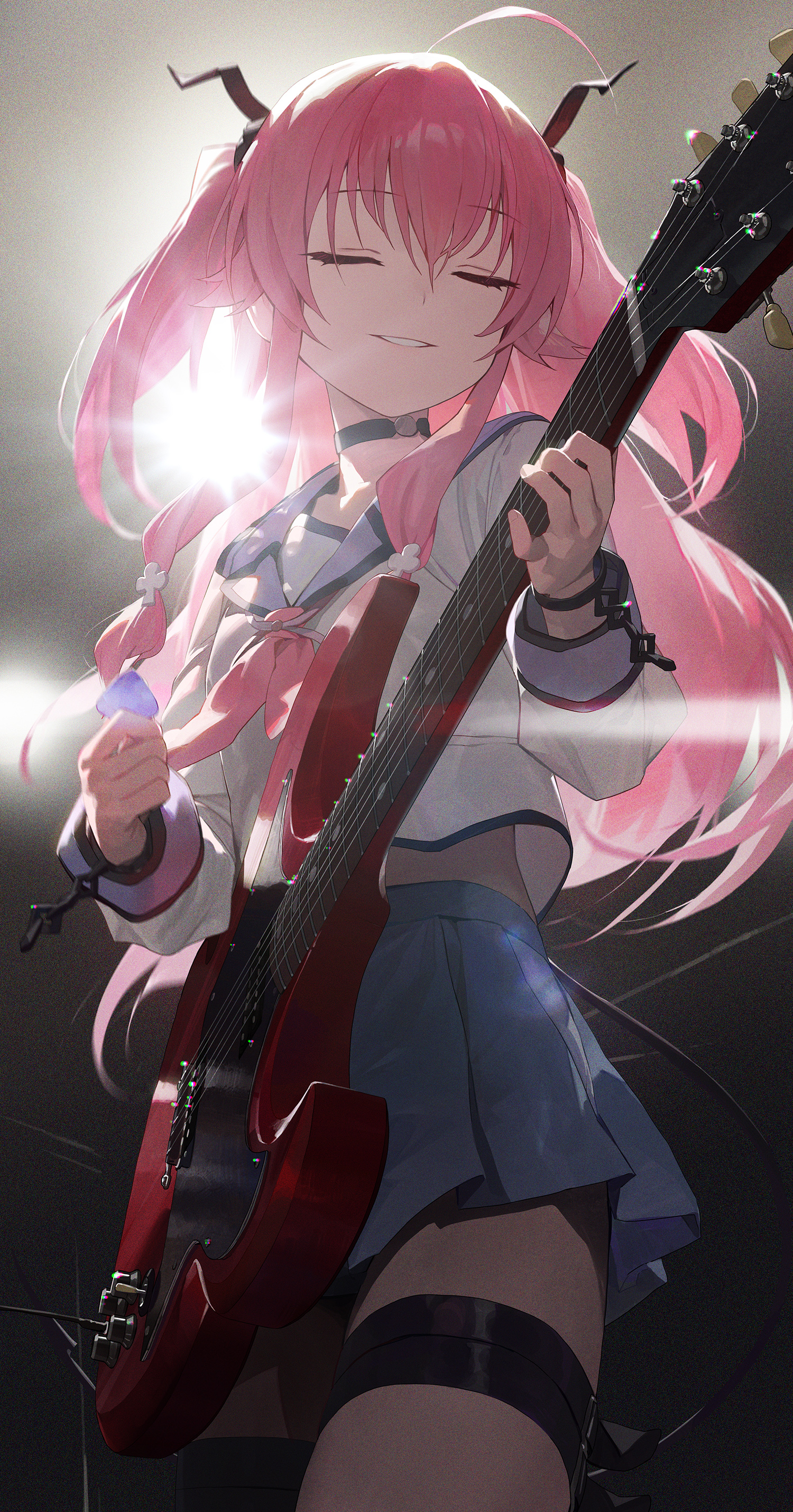 Anime Anime Girls Angel Beats Yui Angel Beats Closed Eyes Pink Hair Guitar Musical Instrument 1500x2859