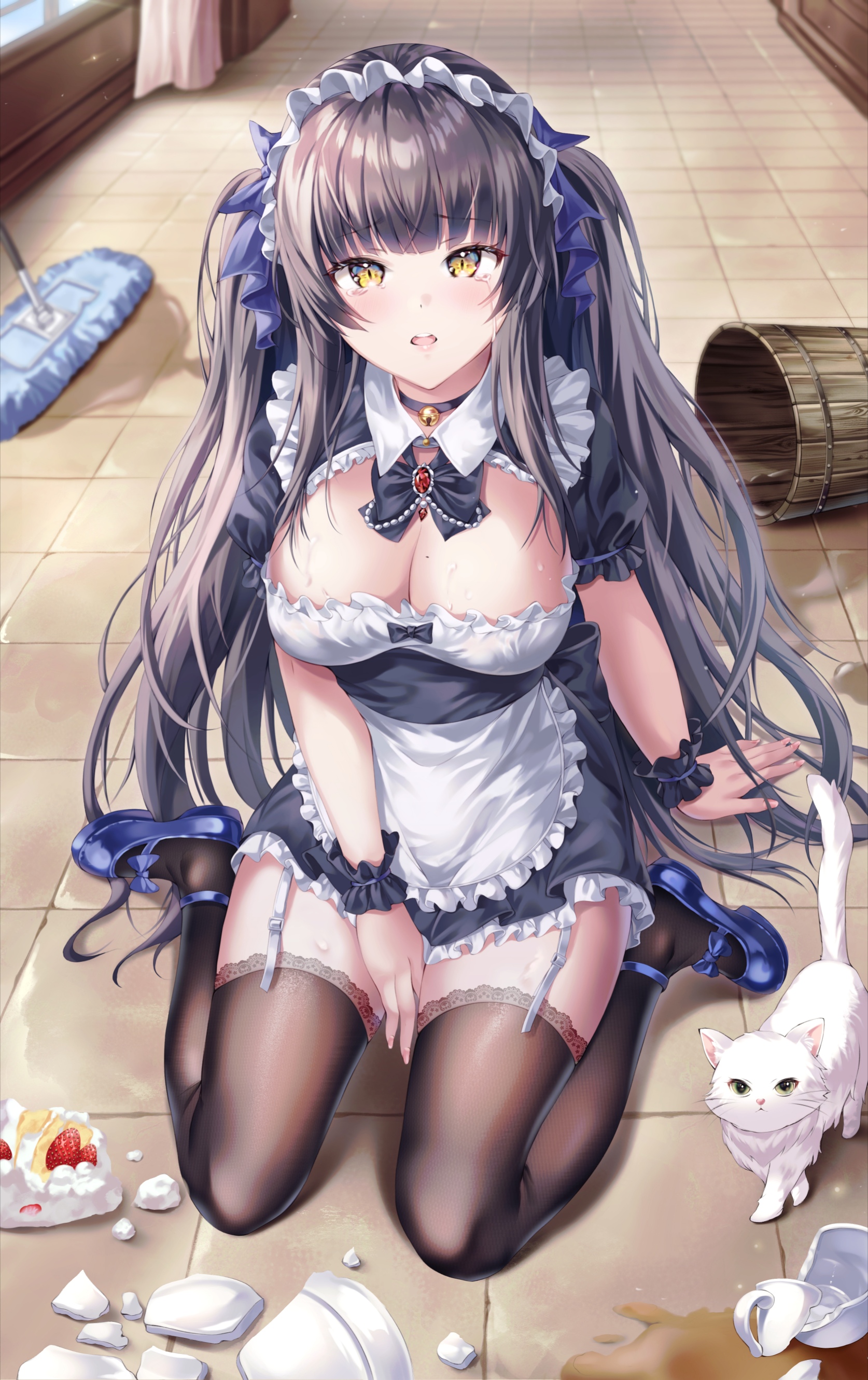 Anime Anime Girls Vertical Maid Maid Outfit Cats Twintails Long Hair Yellow Eyes Bow Tie 1674x2660