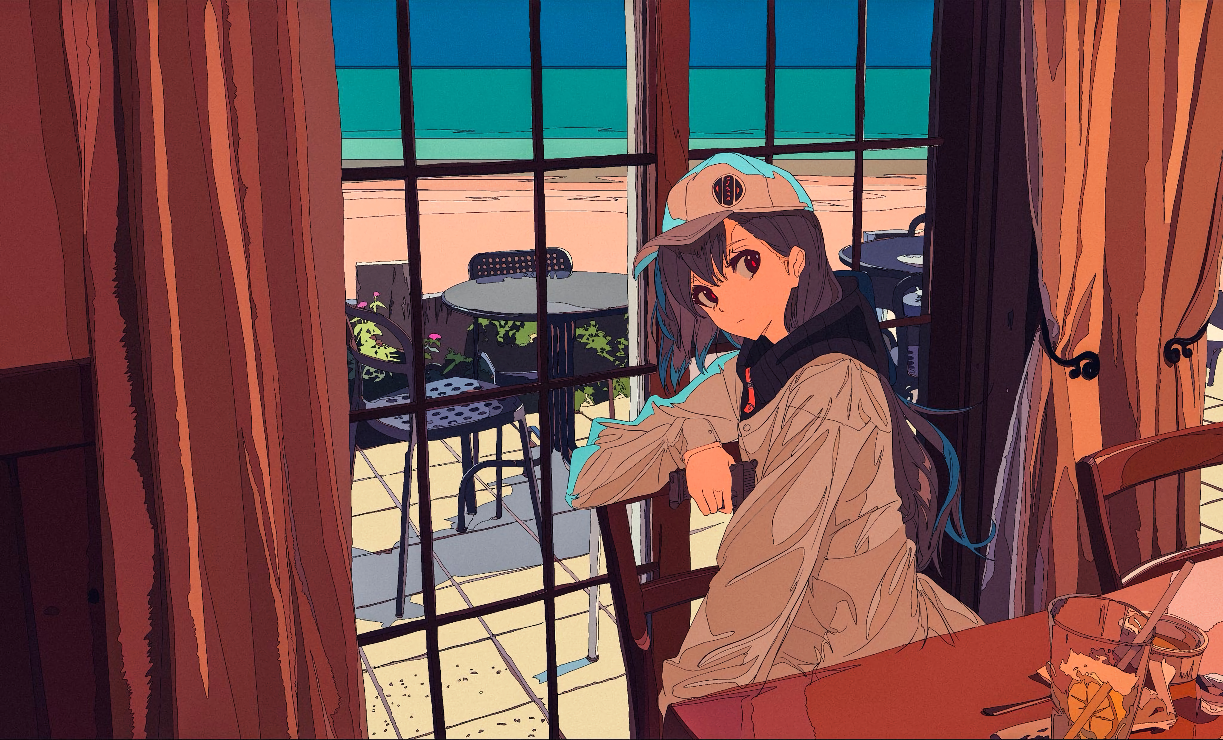 Cogecha Anime Anime Girls Hat Long Hair Looking At Viewer Window Chair Table Curtains Sitting Drink 4096x2478