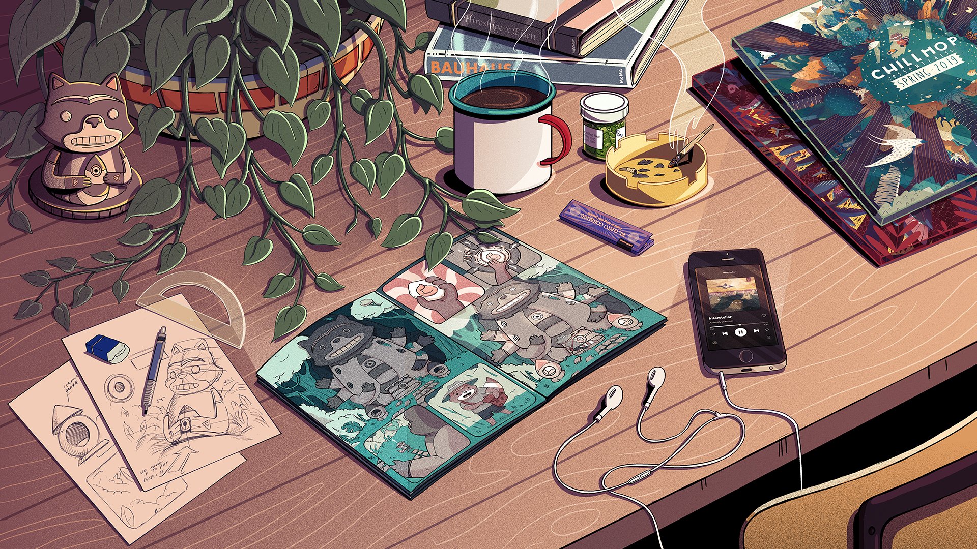Chillhop Music IPhone Desk Drawing Coffee Spotify Artwork Digital Art Plant Pot 1920x1080