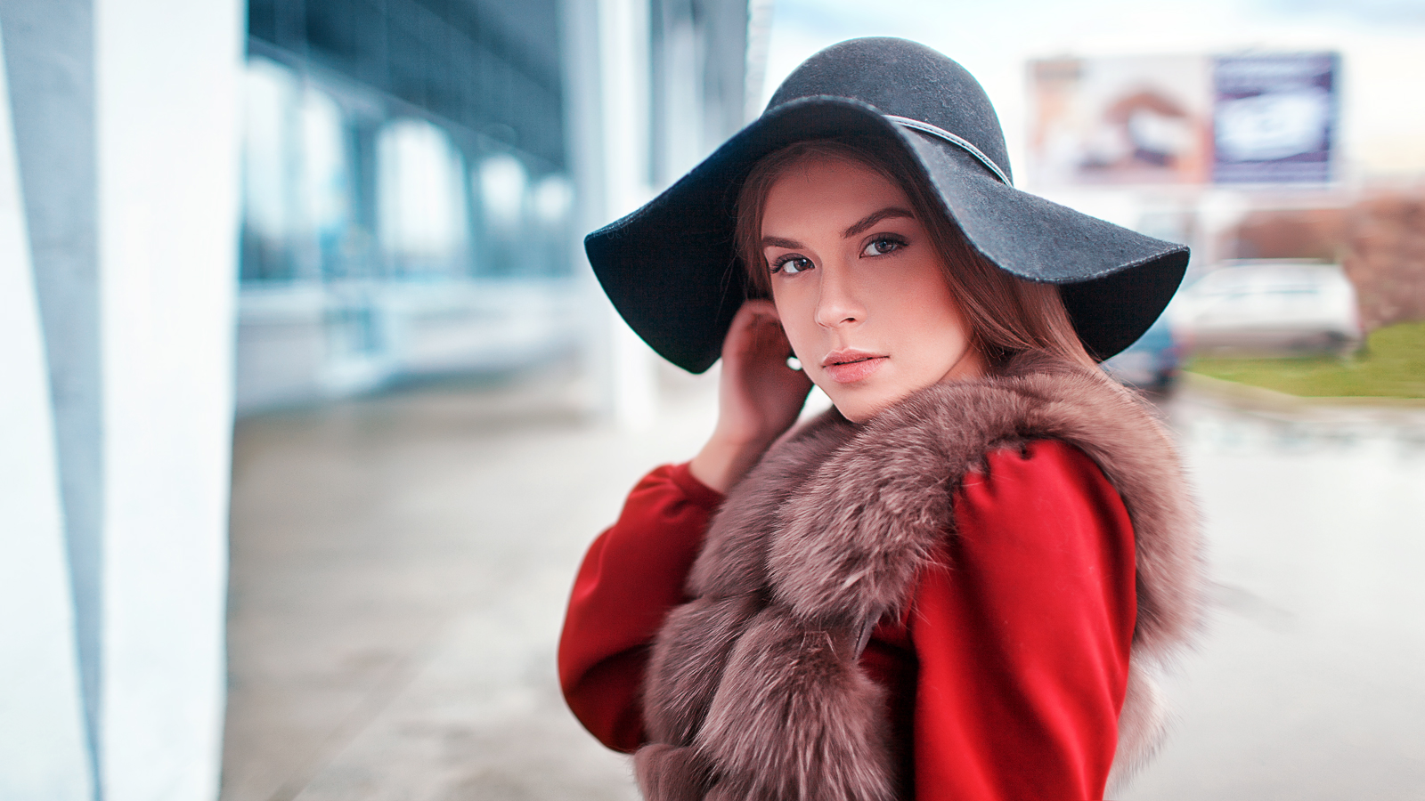 Renat Fotov Women Hat Brunette Fur Red Clothing Depth Of Field Portrait 1600x900