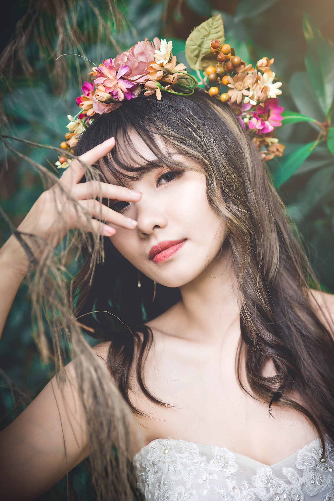 Asian Model Women Looking At Viewer Long Hair Women Outdoors Face Flower Crown Red Lipstick 1365x2048