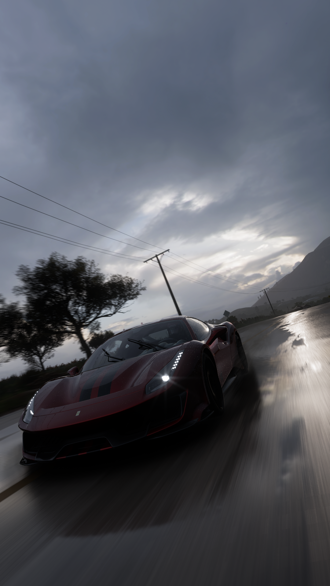 Forza Screen Shot PC Gaming Car Forza Horizon 5 Vehicle Front Angle View Headlights Sky Clouds Road  1080x1920