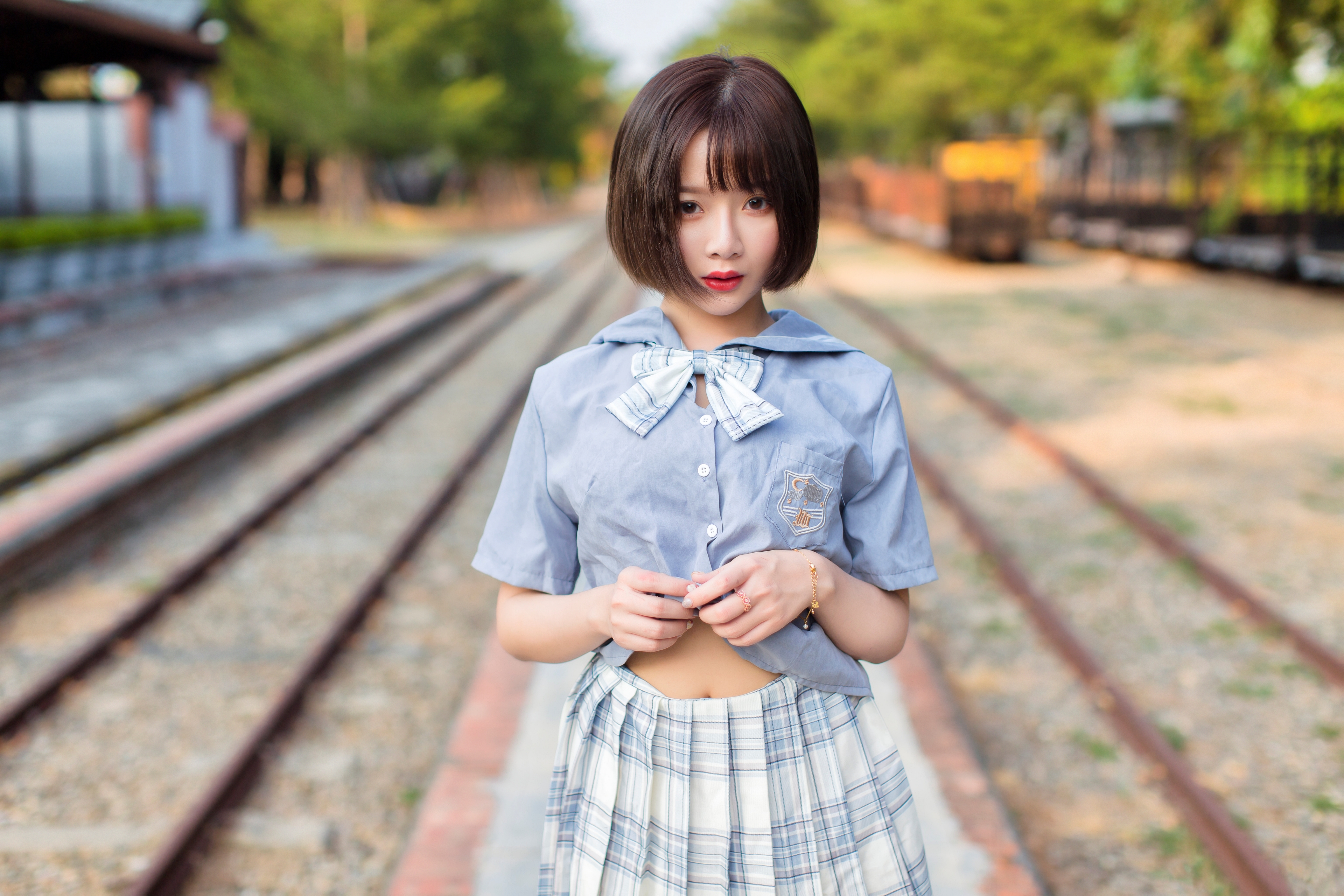 Winnie Qian Women Model Asian Cosplay Schoolgirl JK Women Outdoors Brunette Railway Looking At Viewe 3840x2560