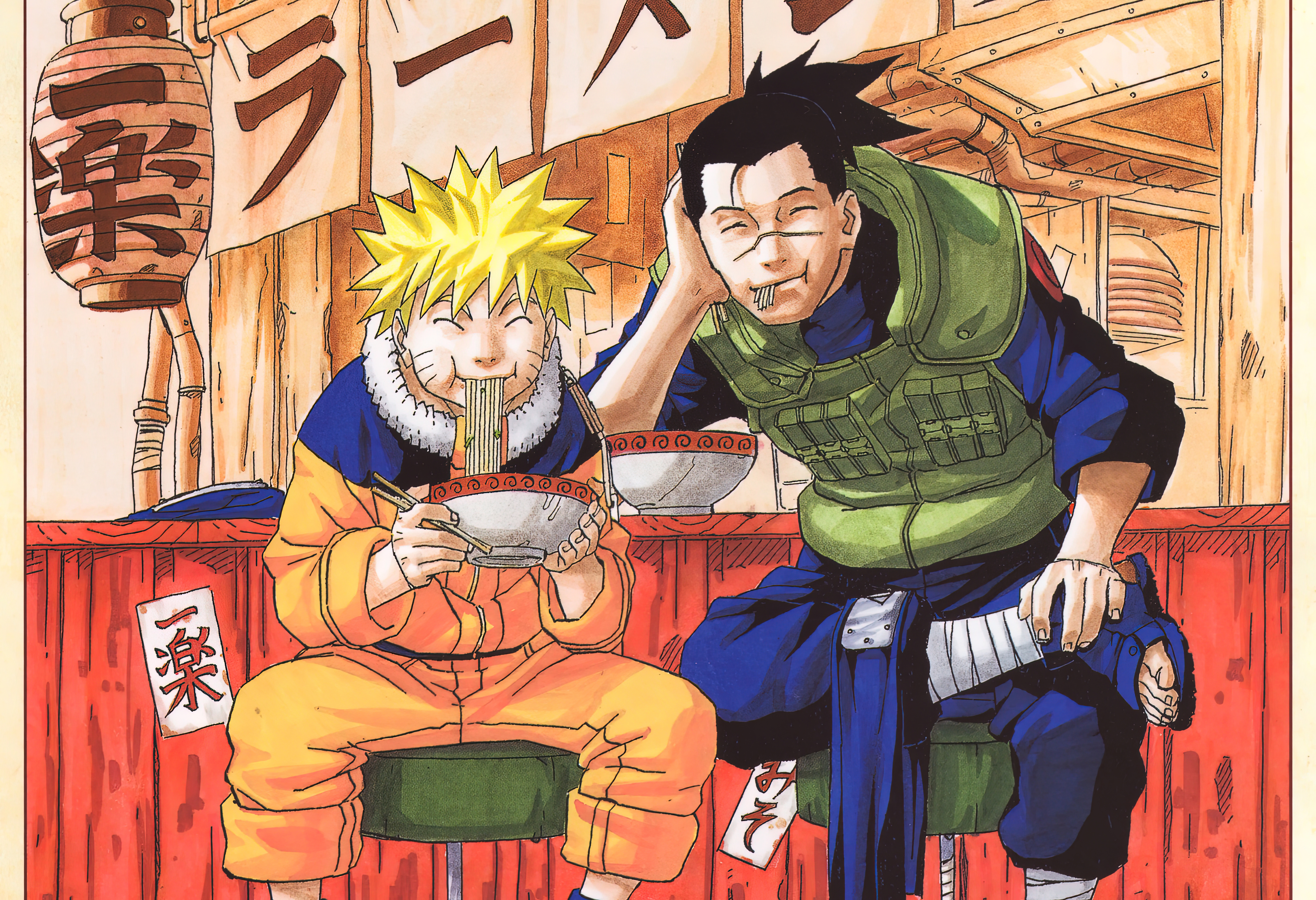 Naruto Anime Uzumaki Naruto Umino Iruka Anime Boys Anime Men Eating Noodles Closed Eyes Uniform Mang 7680x5252