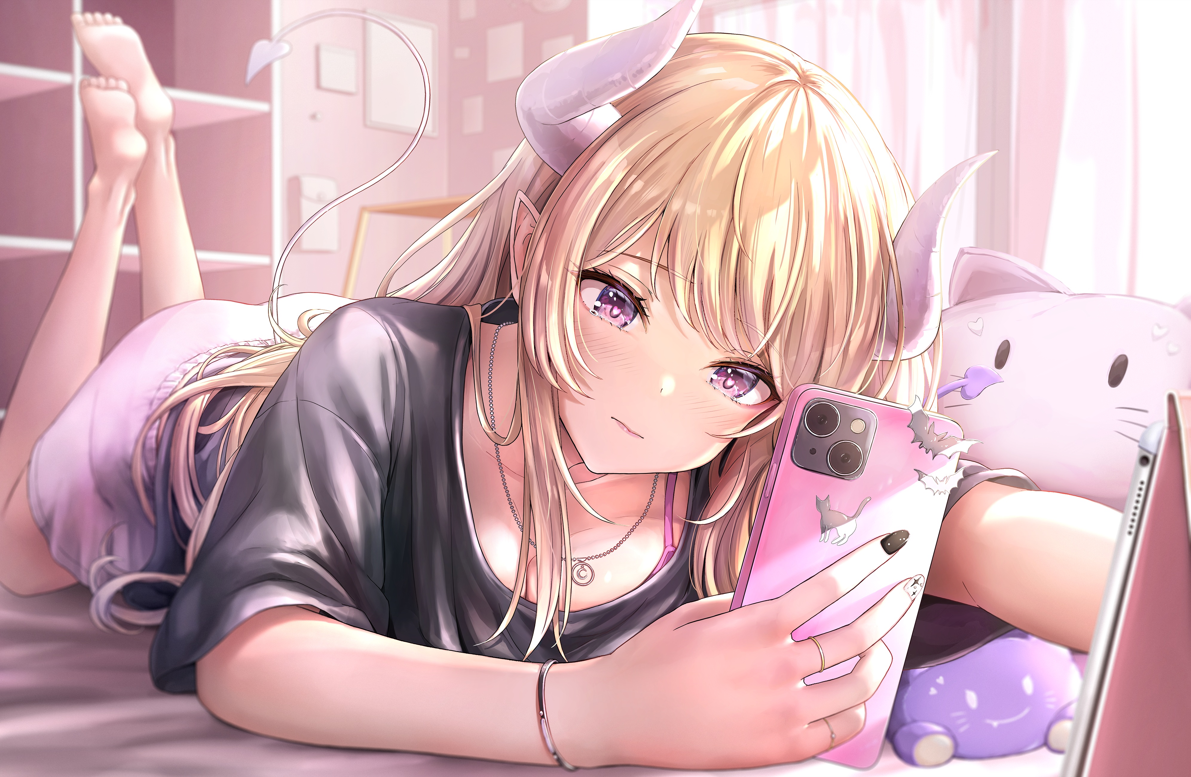 Anime Anime Girls Women Indoors Indoors Pointy Ears Horns Smartphone Purple Eyes Barefoot Black Nail 3985x2599