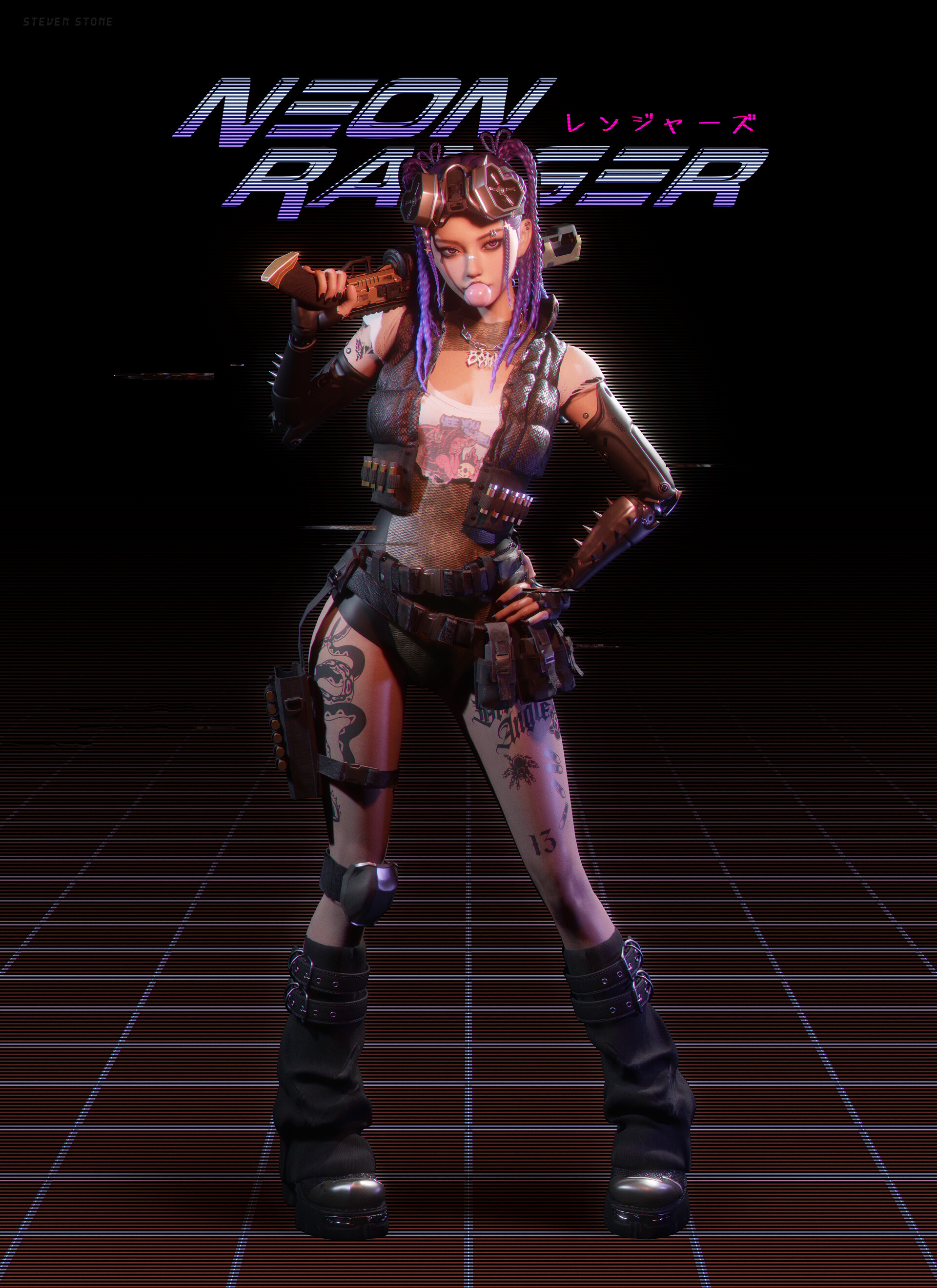 Steven Stone CGi Women Neon Rangers Cyberpunk Purple Hair Shotgun Tattoo Bubble Gum Vertical Gun 1920x2640