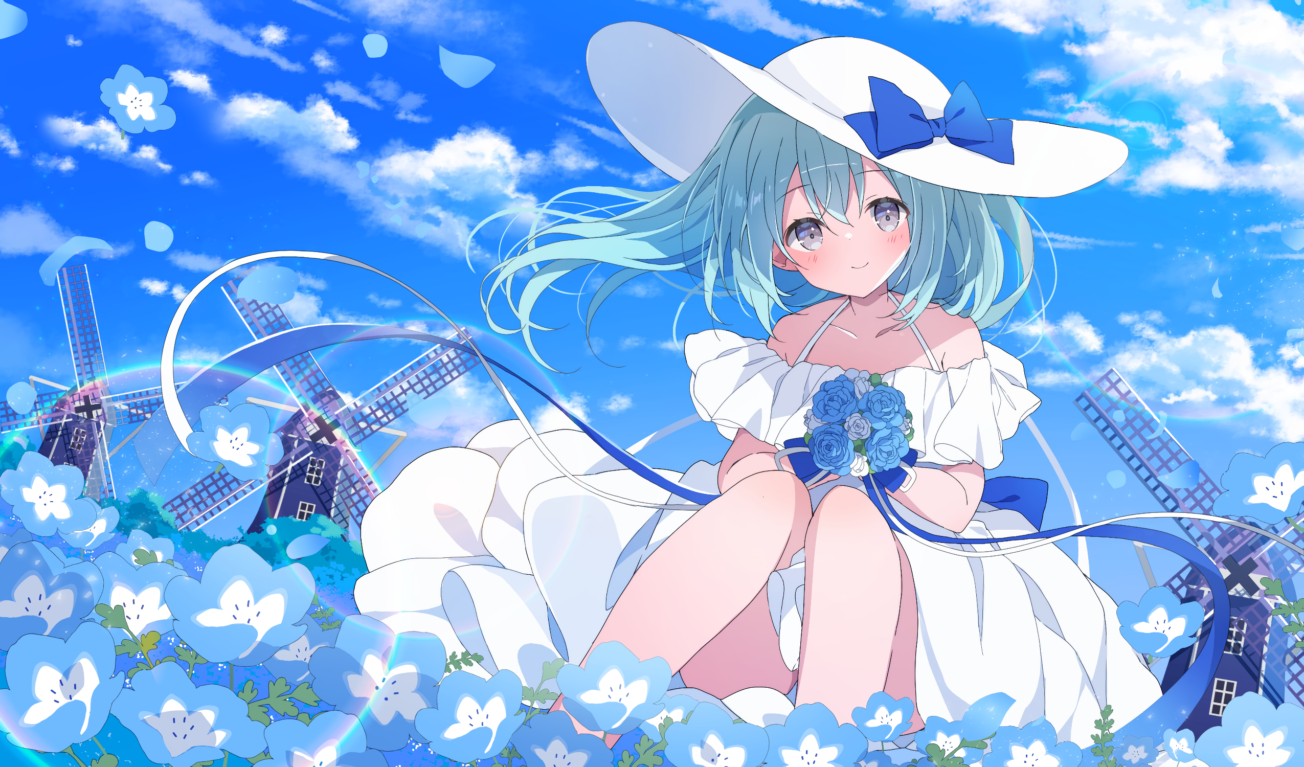 Anime Anime Girls Hat Smiling Blushing Looking At Viewer Flowers Clouds Sky Dress Windmill Petals 2550x1500