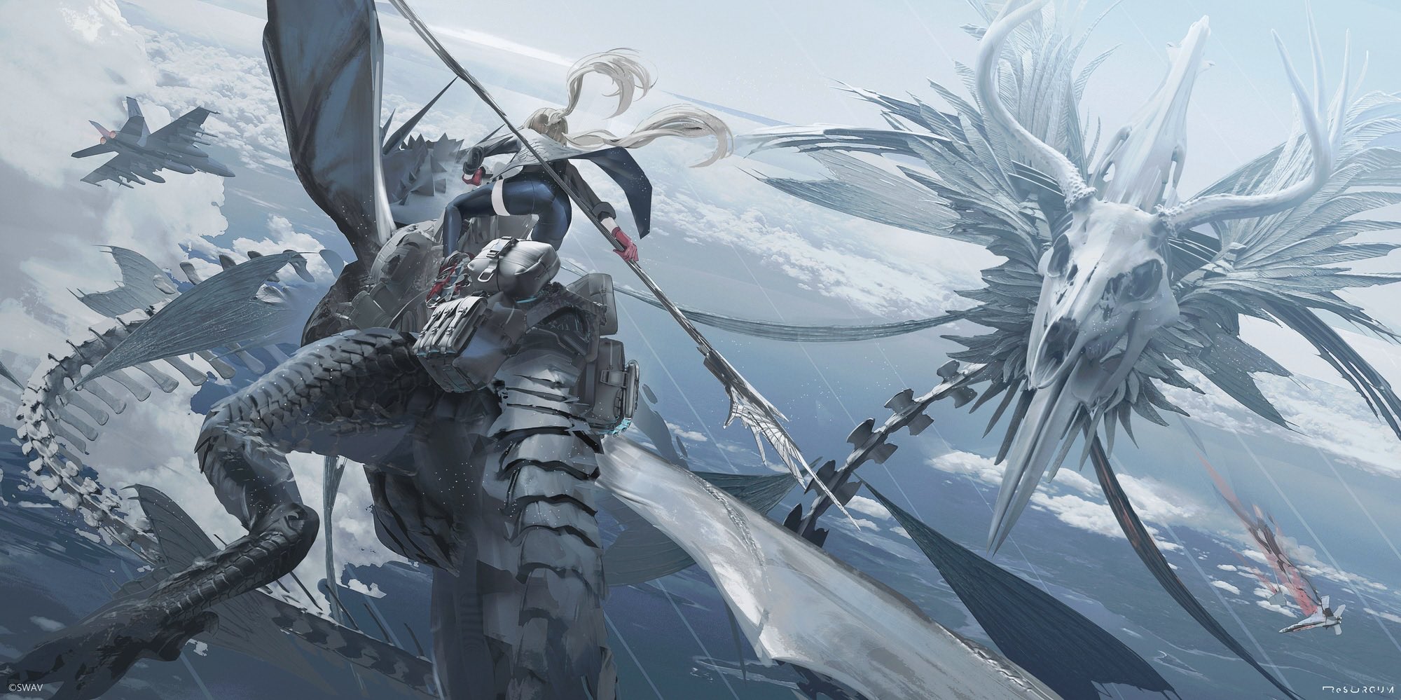 Anime Girls Dragon Skull Spear SWAV Weapon Clouds Sky Long Hair Twintails 2000x999