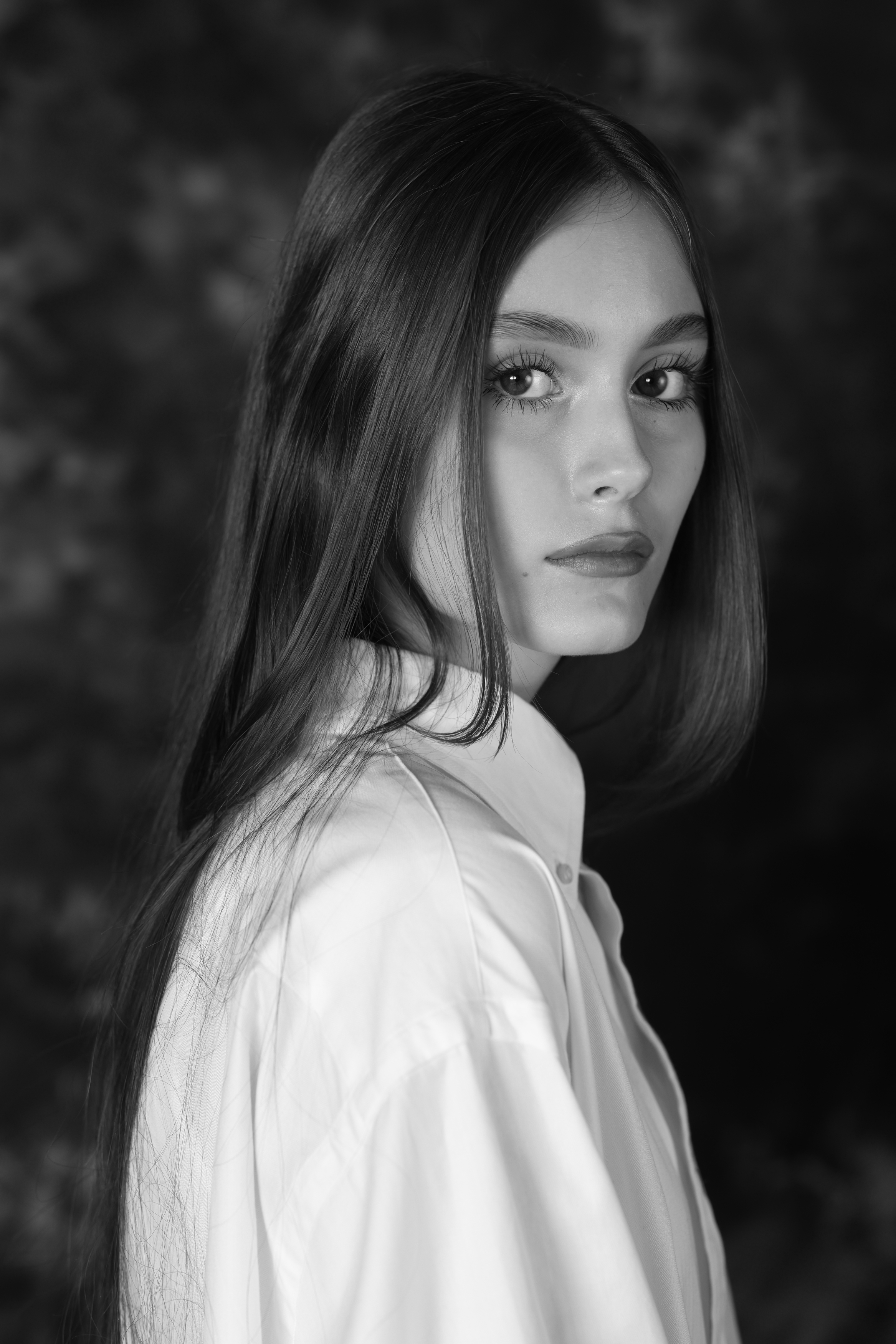 Oleg Grachev Women Long Hair Straight Hair Looking At Viewer Shirt Portrait Monochrome 2334x3500