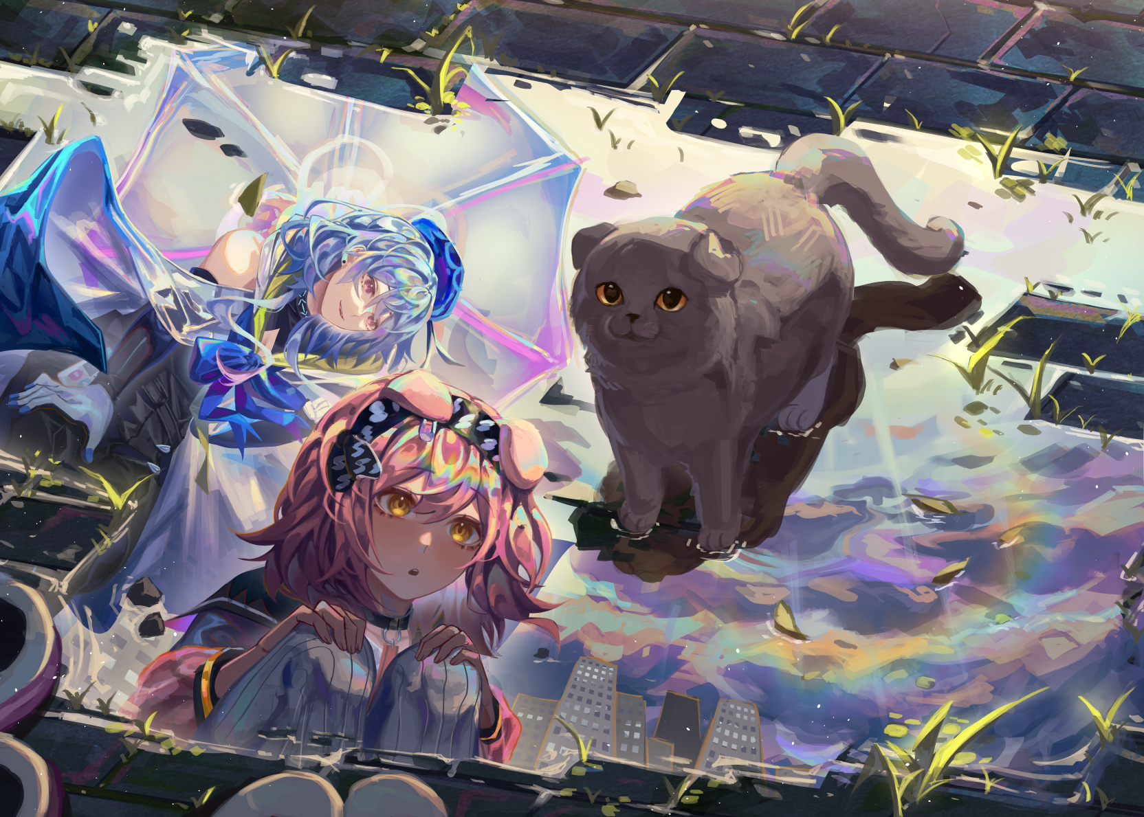 Anime Pixiv Anime Girls Umbrella Animal Ears Cats Animals Leaves Water Reflection Puddle 1664x1189