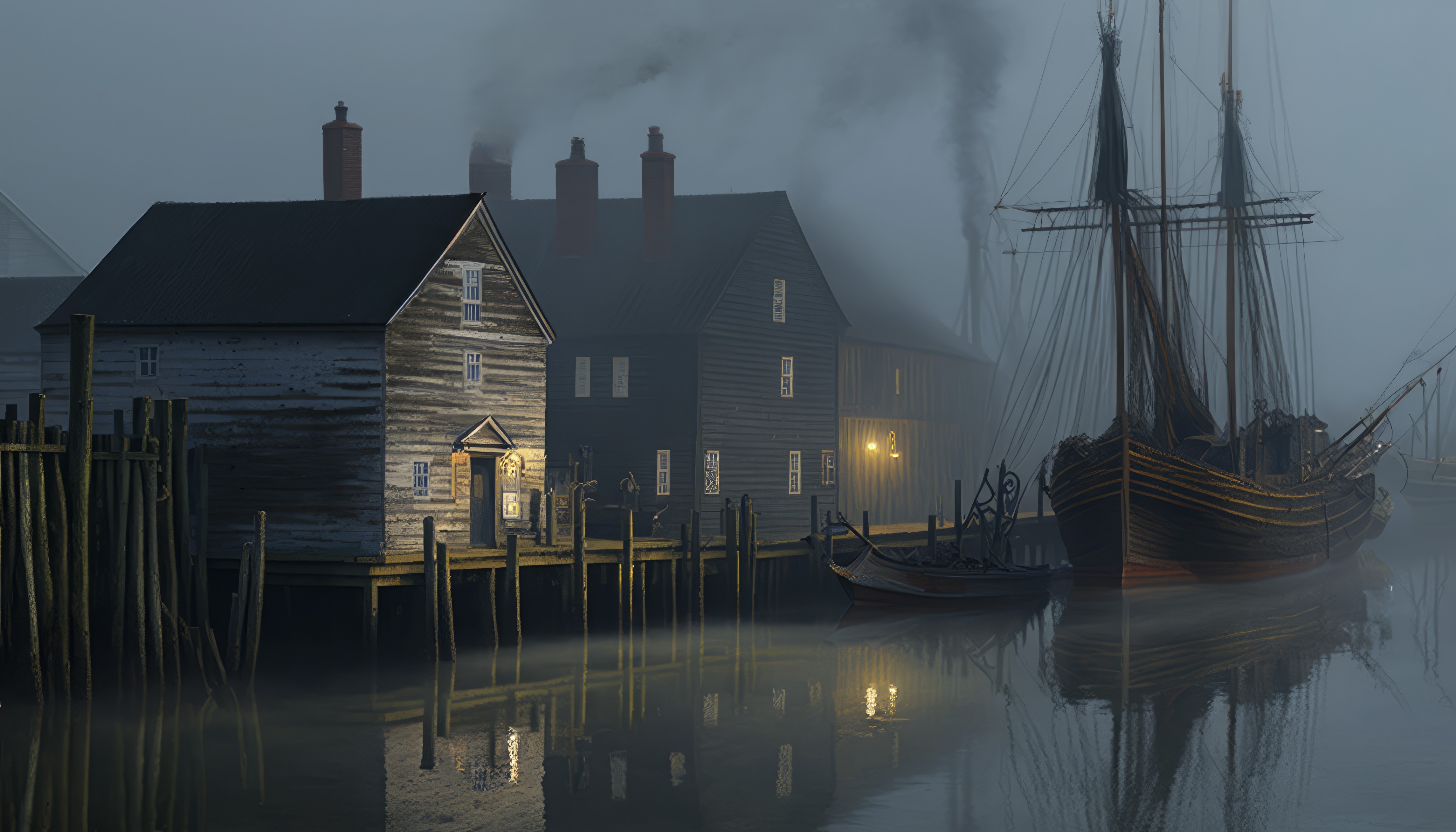 Ai Art Illustration Ship Harbor Mist Water Reflection Boat Smoke 4579x2616