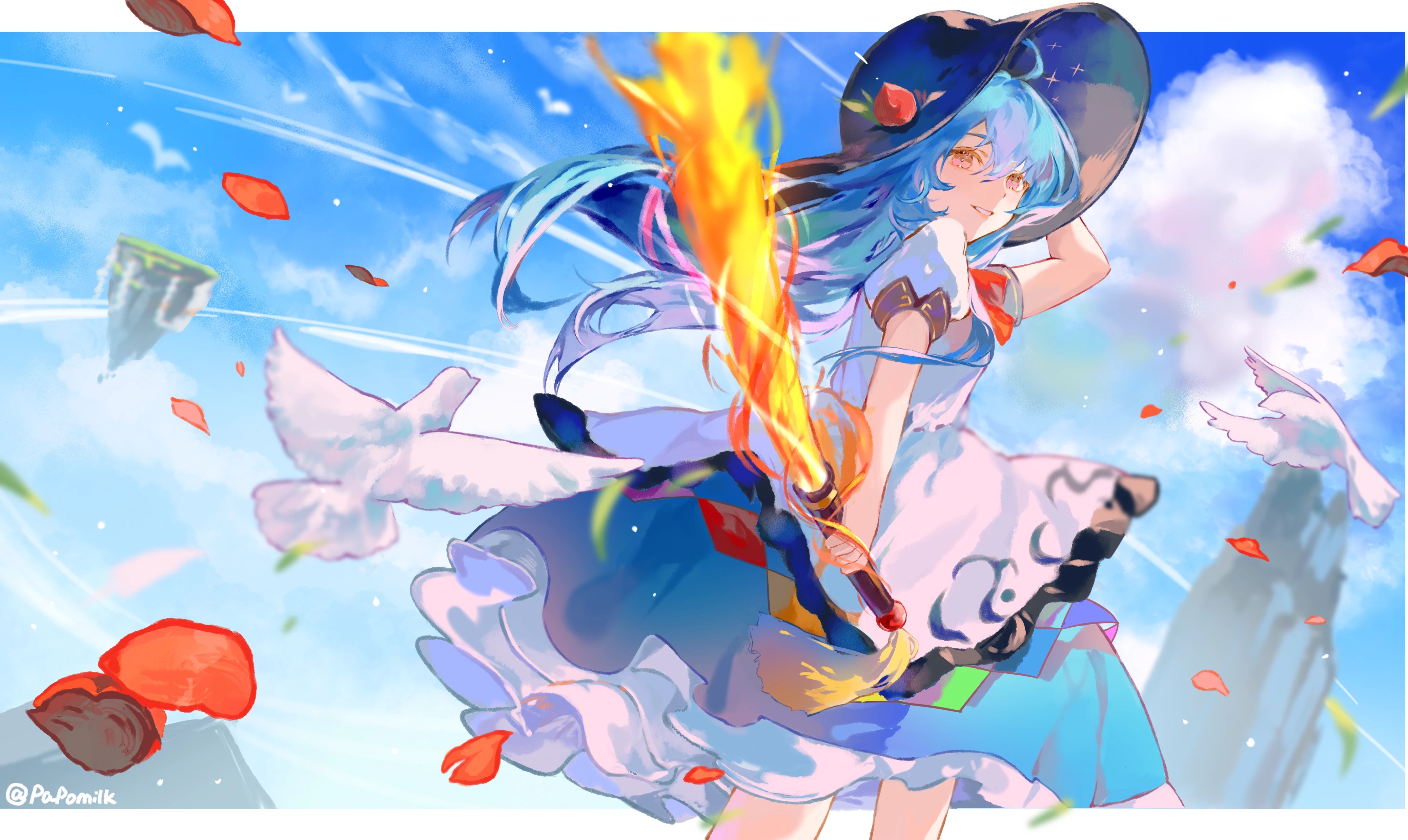 Anime Anime Girls Touhou Hinanawi Tenshi Blue Hair Long Hair Hair Blowing In The Wind Wind Clouds Sk 4155x2480