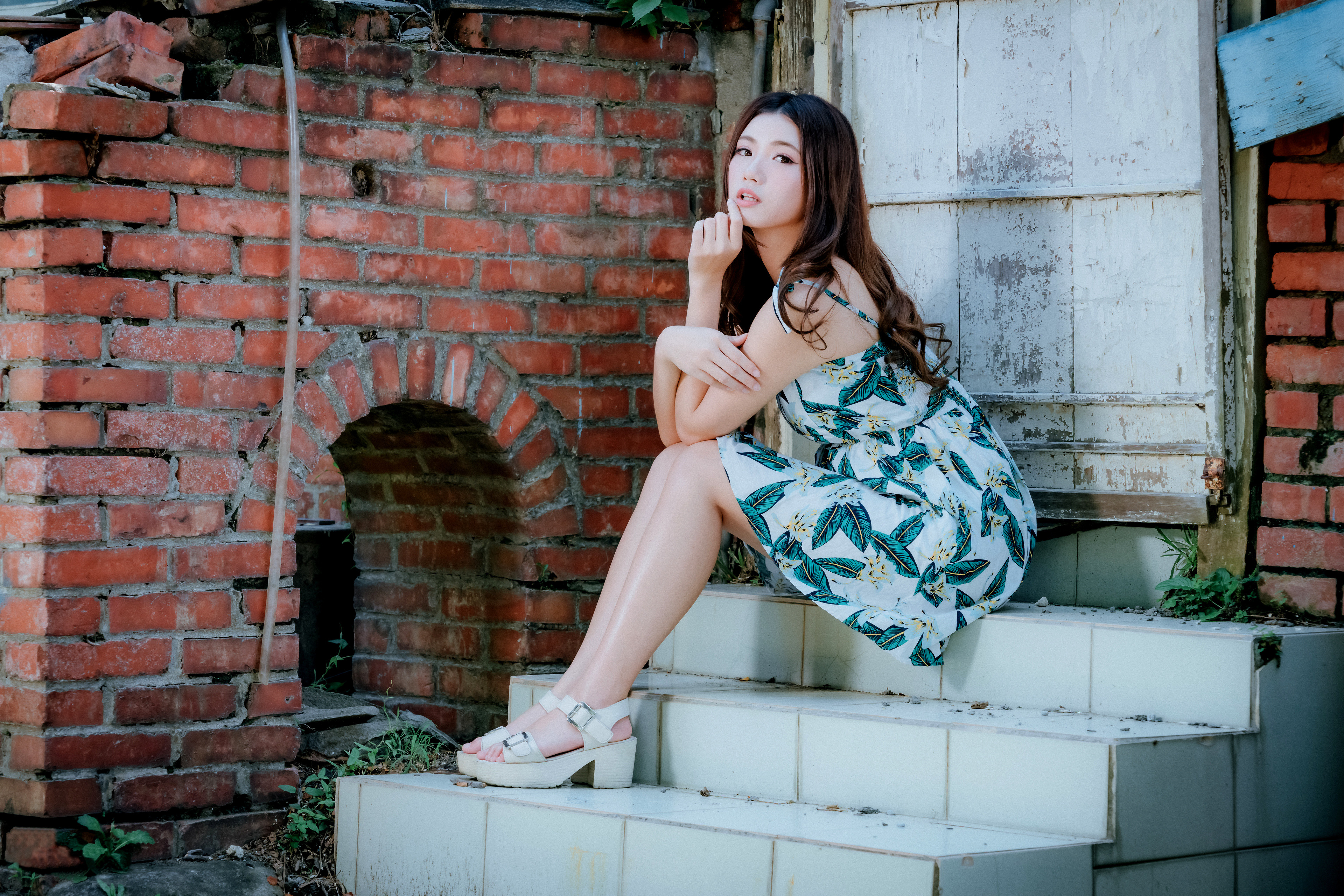 Asian Model Women Long Hair Dark Hair Sitting Stairs Chingcho 3840x2561
