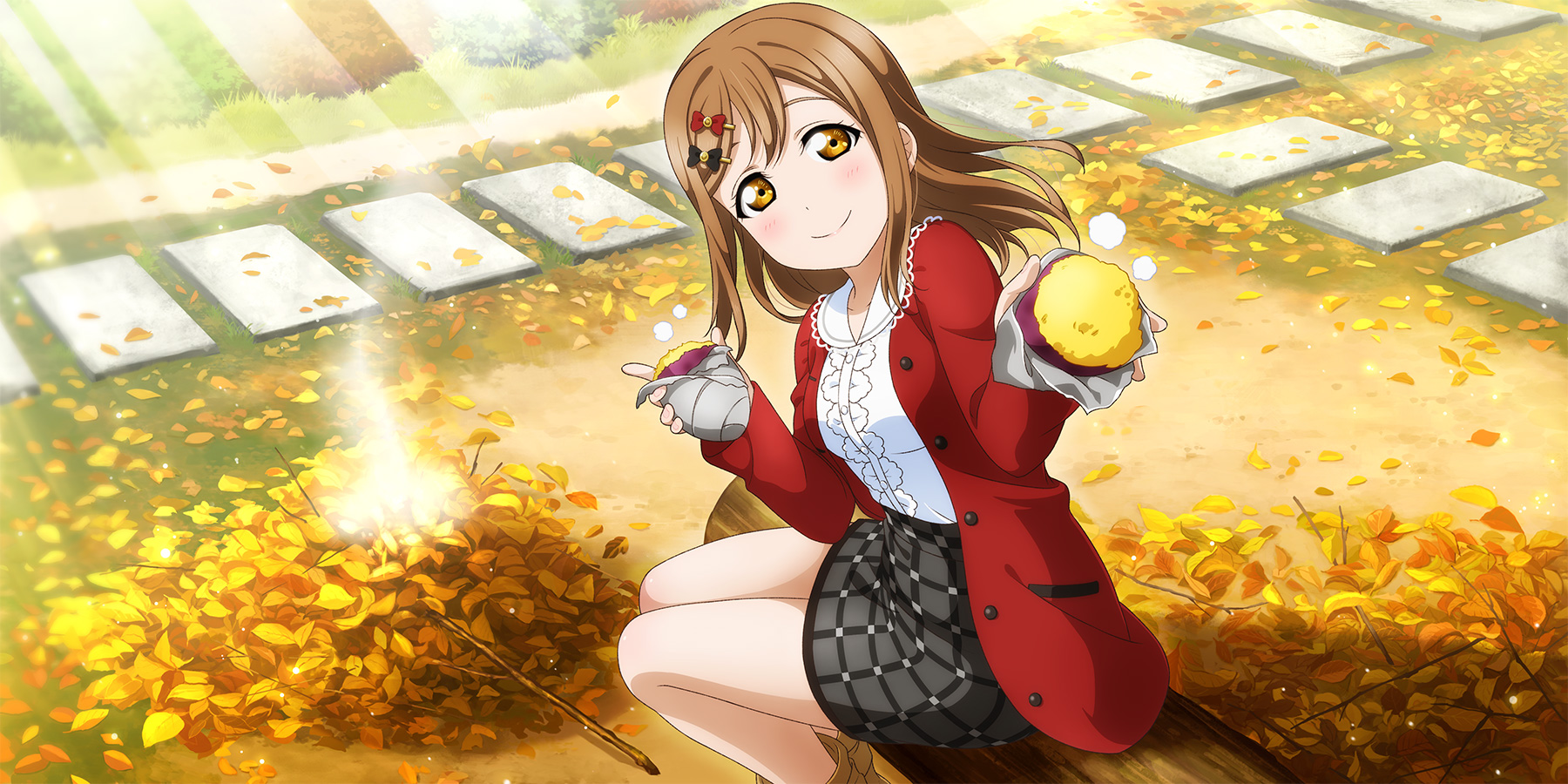 Kunikida Hanamaru Looking At Viewer Skirt Eating Love Live Sunshine Anime Girls Smiling Fall Leaves  1800x900
