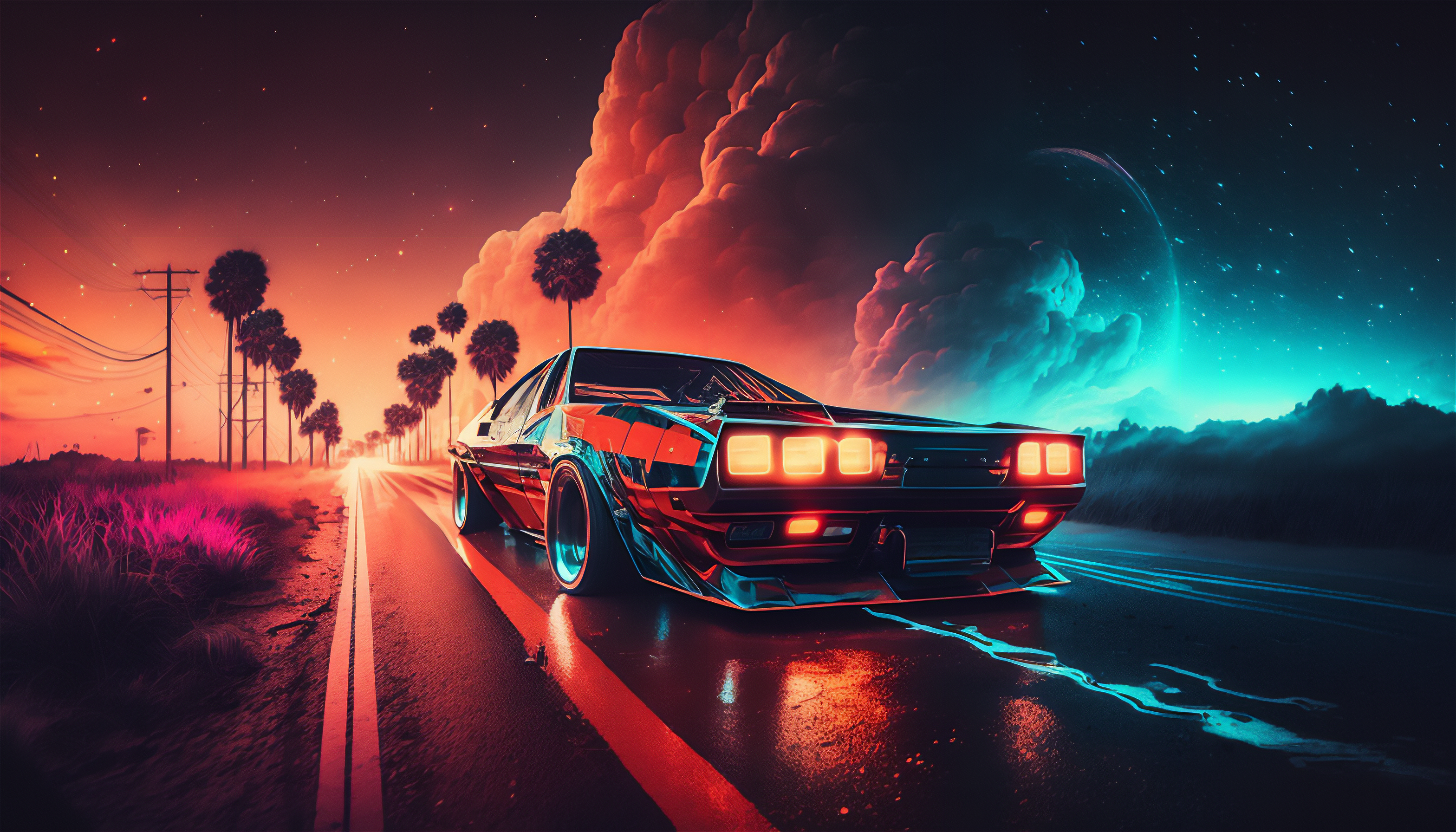 Ai Art Car Synthwave Road Clouds Colorful Illustration Headlights Trees 3136x1792