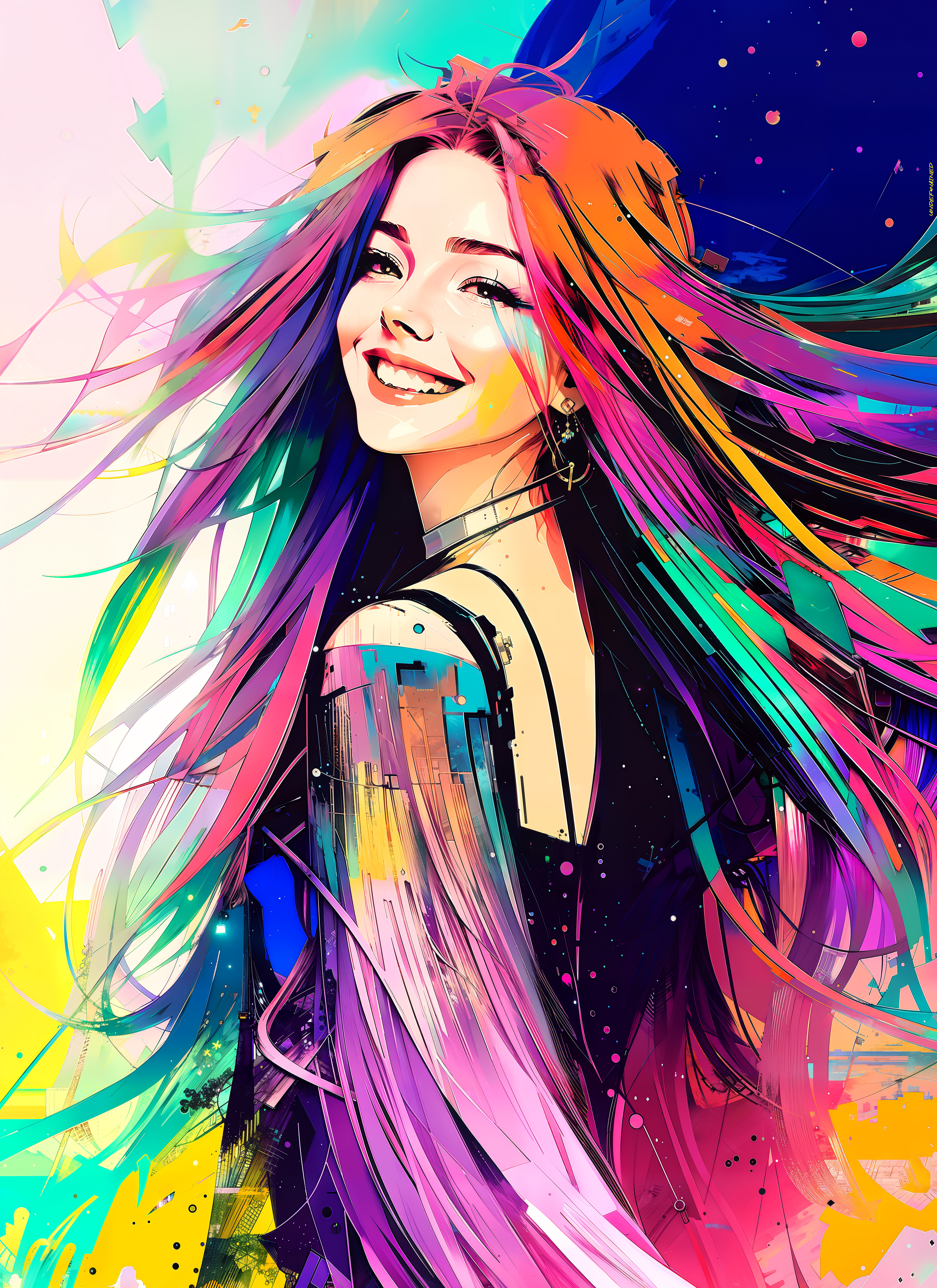 Ai Art Artwork Inkpunk Colorful Long Hair Smile Color Burst Vertical Smiling 4096x5632