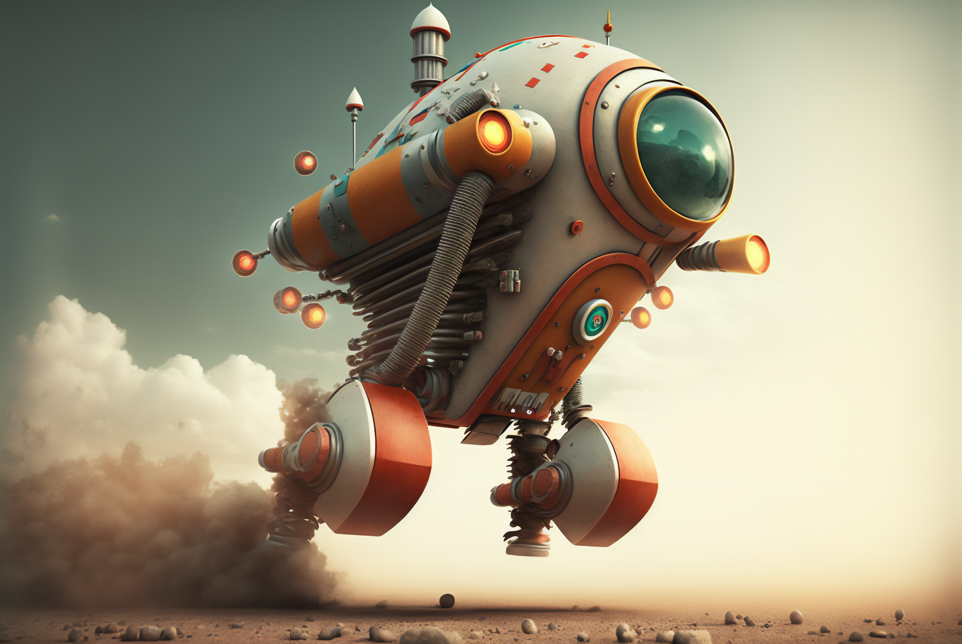 Ai Art Robot Spaceship Takeoff Retro Style Clouds 3060x2048
