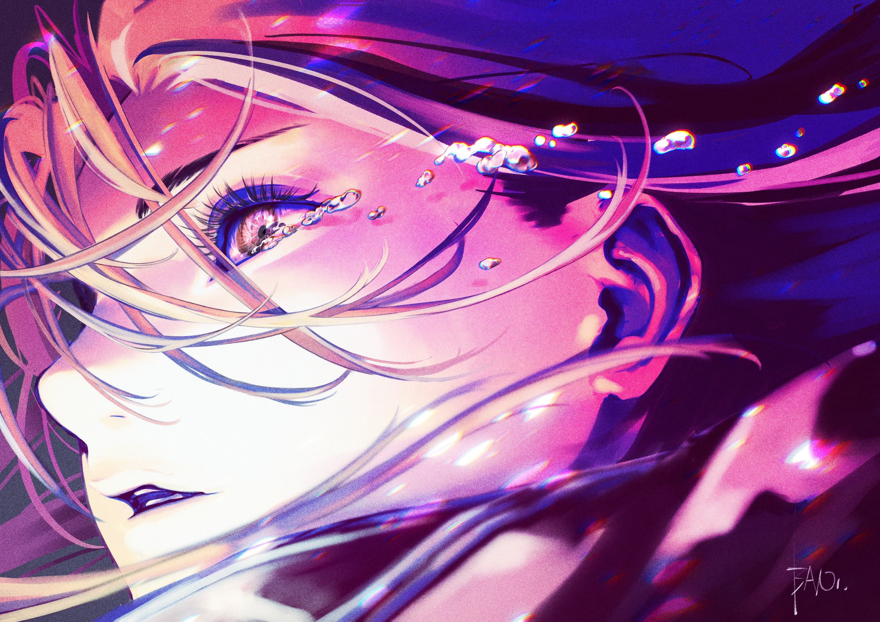 Digital Art Artwork Illustration Women Anime Anime Girls Closeup Face Crying Tears Long Hair Waterma 3000x2121