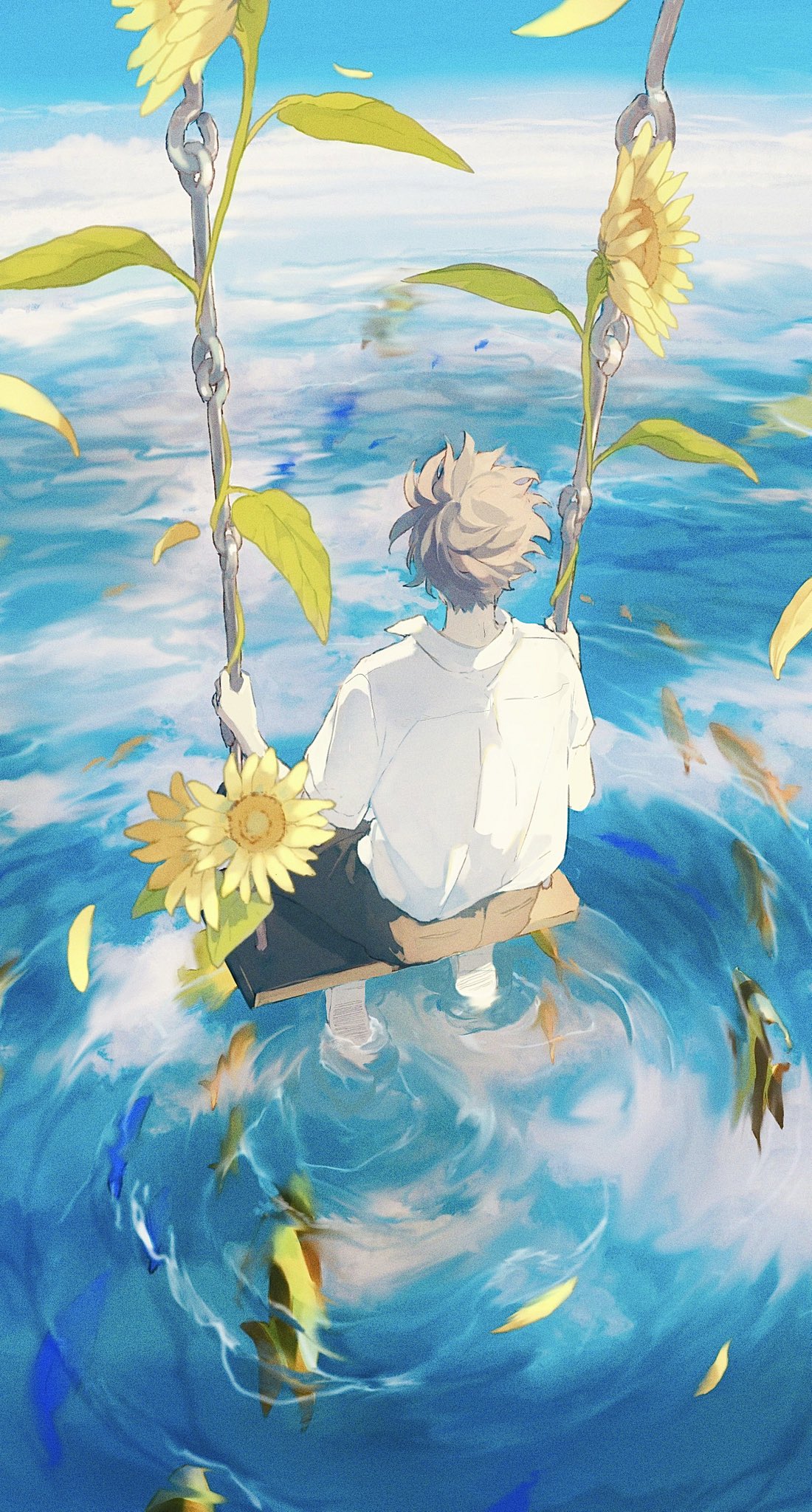 Portrait Display Rear View Anime Boys White Shirt Leaves Fish Water Yuribou Flowers Sky Sitting Sunf 1100x2048