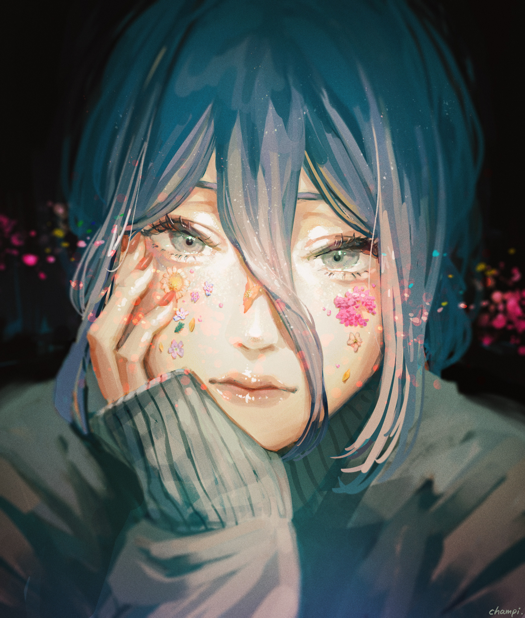 Digital Art Artwork Illustration Women Anime Anime Girls Blue Hair Long Hair Face Closeup Flowers Lo 1700x2000
