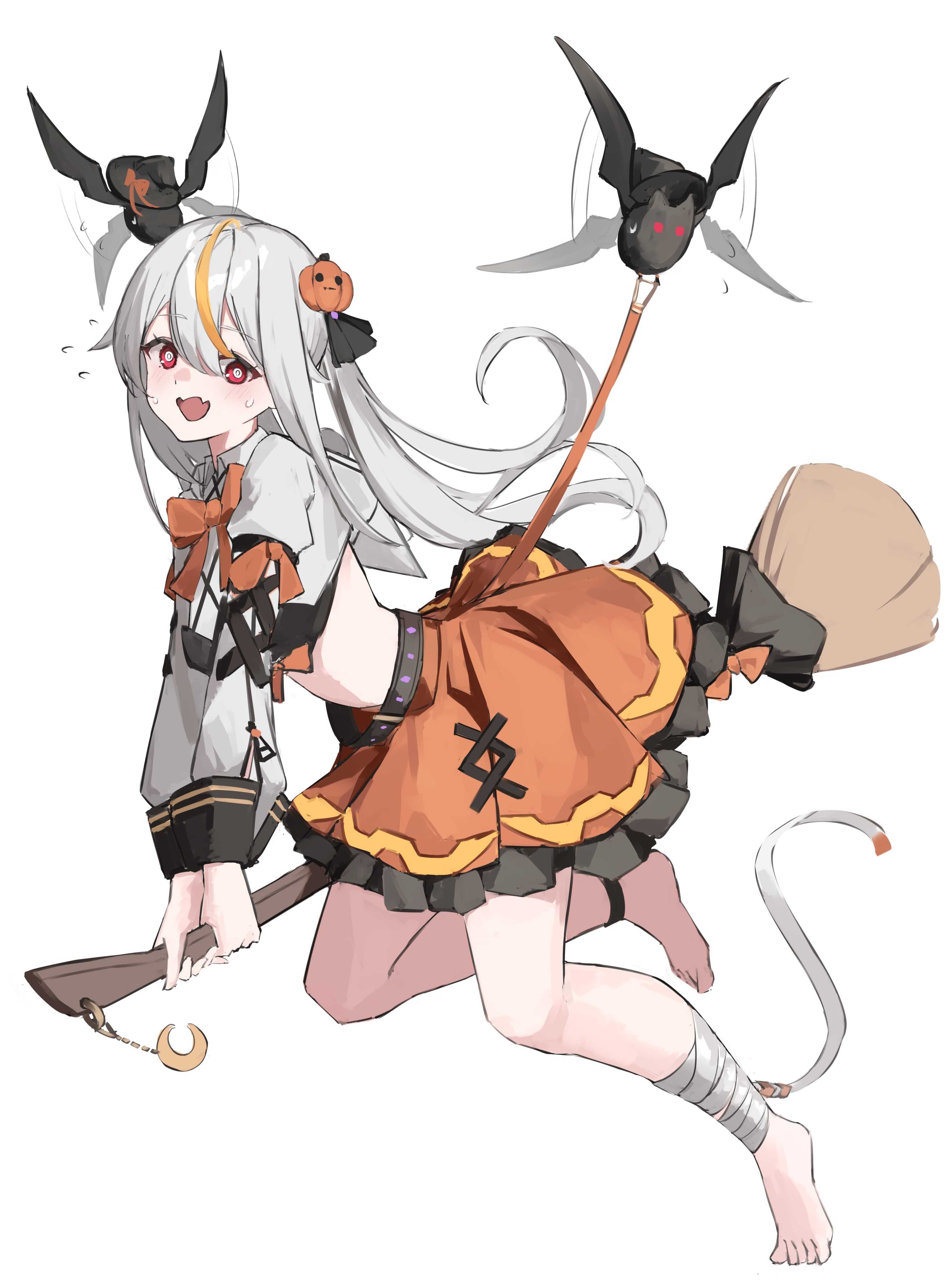 Anime Girls Red Eyes Gray Hair Witchs Broom Bats Halloween Vertical 2975x4044