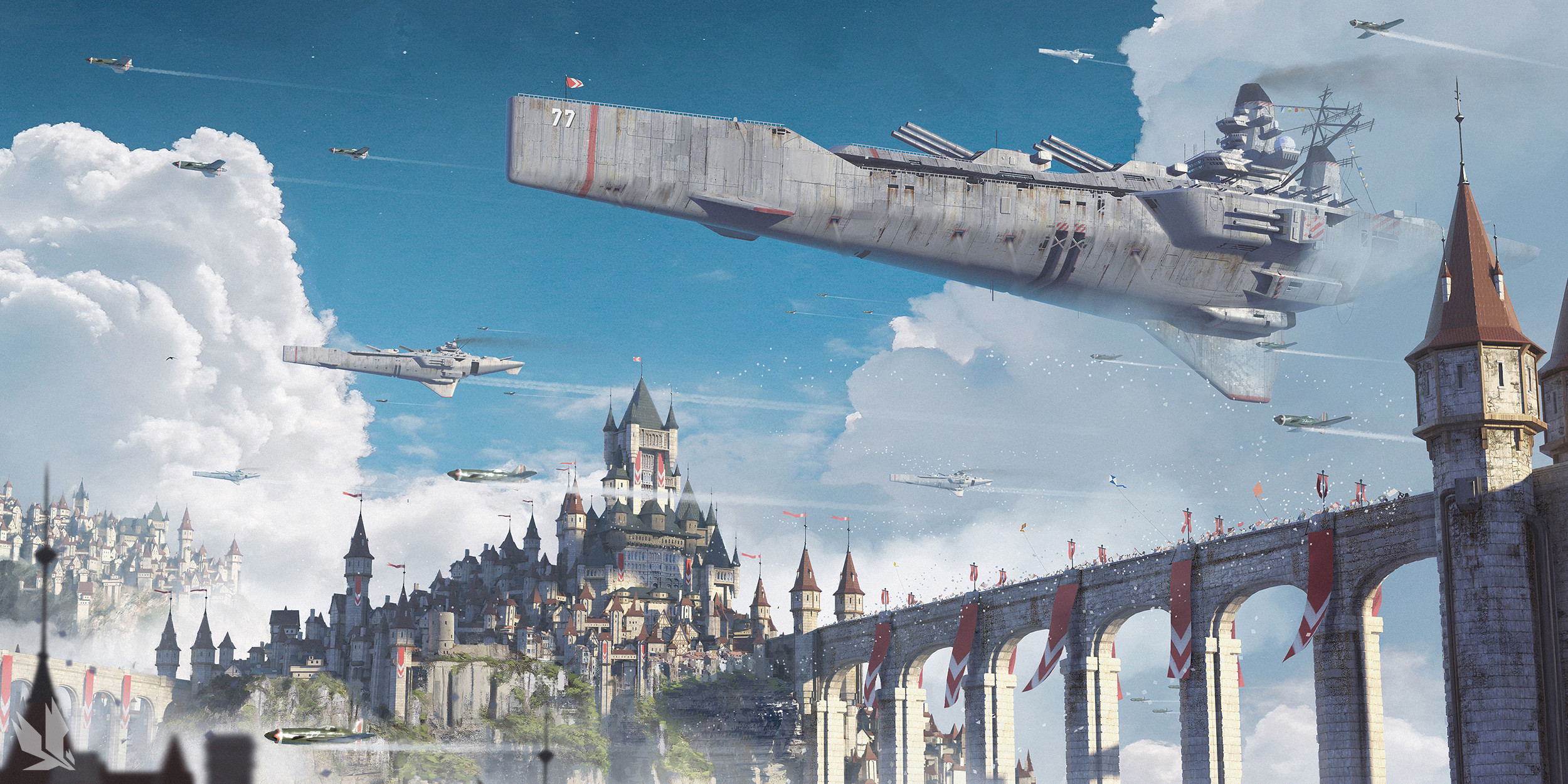 Digital Art Artwork Illustration City Cityscape Clouds Futuristic Spaceship Bridge Castle Sky 2500x1250