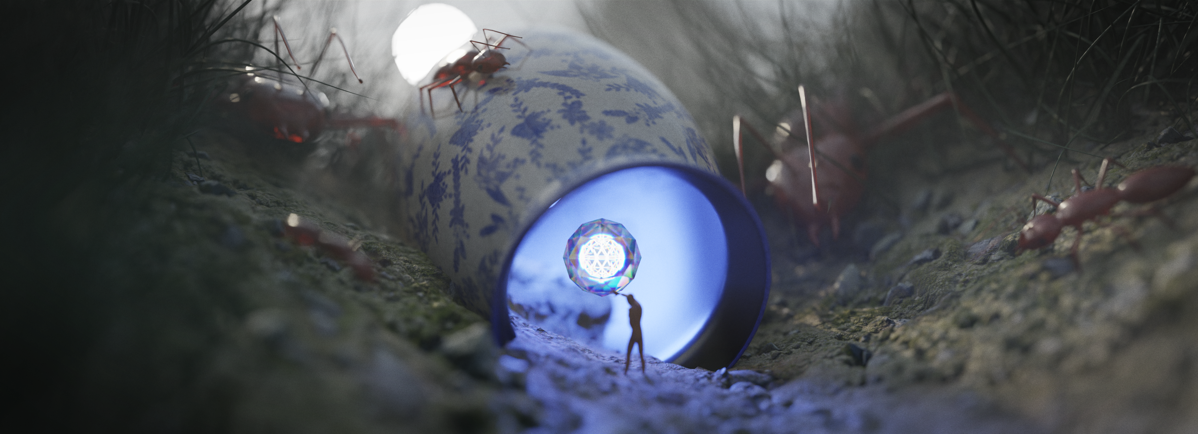 Render Concept Art Digital 3D Graphics Adventurers Sphere Grass Anamorphic Bokeh Miniature Effect De 3835x1391