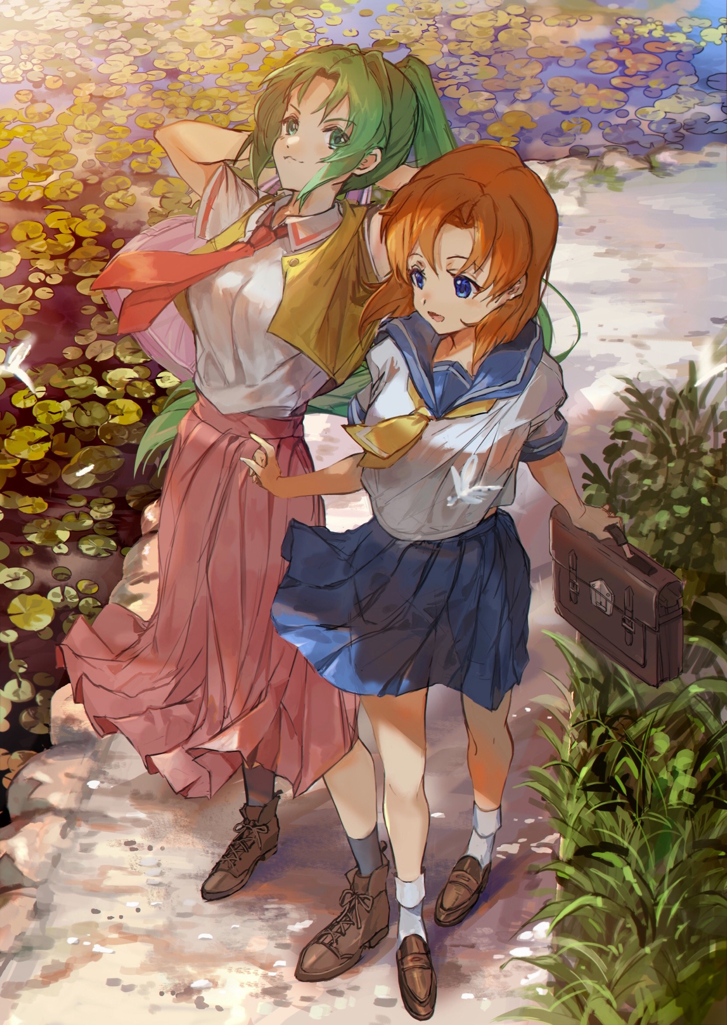 Higurashi No Naku Koro Ni Ryuuguu Rena Skirt Sonozaki Mion Path Anime Girls Water Lilies Water Looki 1452x2048