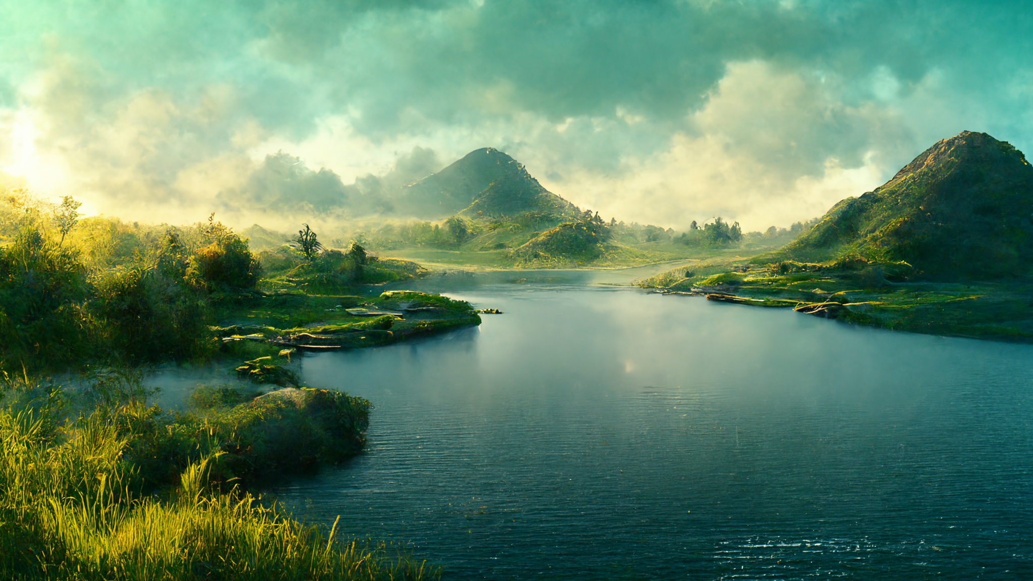Lake Peaceful Water Blue Green Mountains Landscape Field Clouds Smog Mist Grass Hills Ai Art 2048x1152