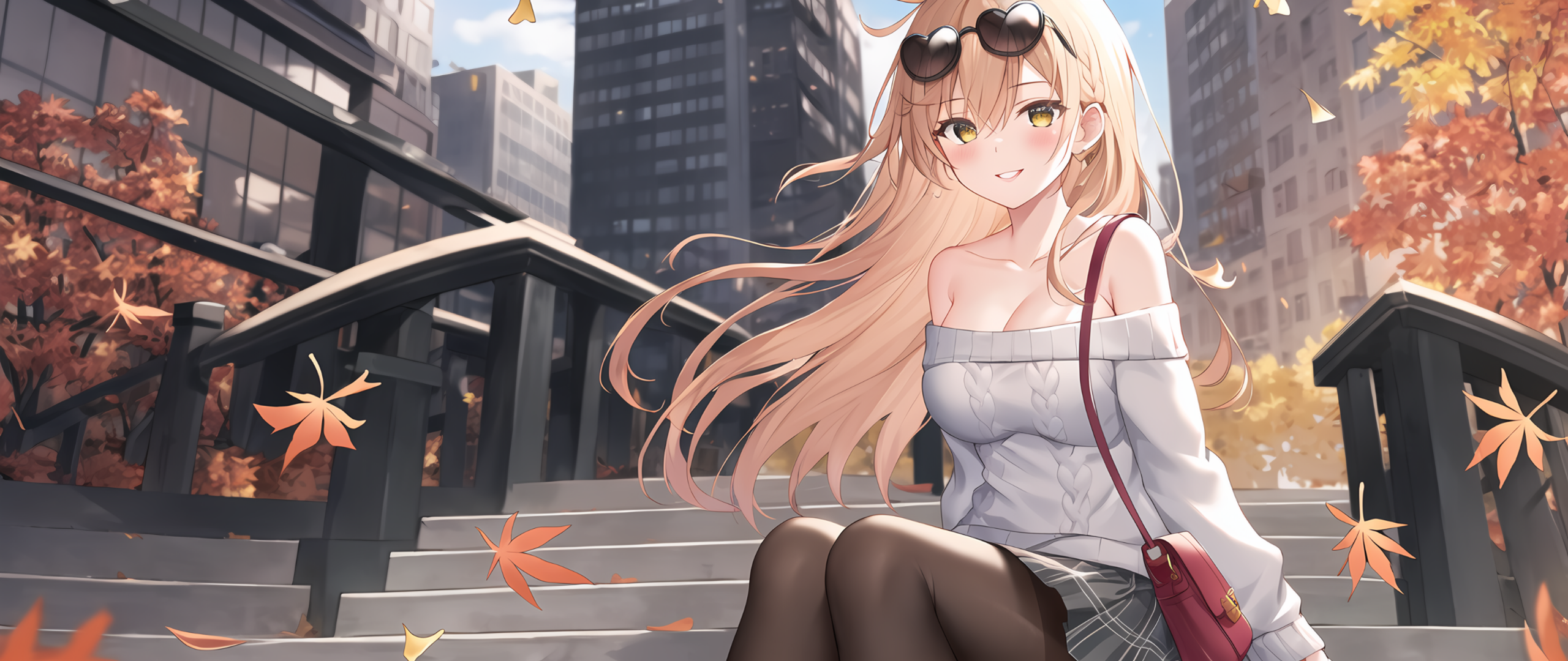 Ai Art Anime Anime Girls Sunglasses Sweater Skirt Bag Stairs Maple Leaf  Purse Leaves Blushing Wallpaper - Resolution:2560x1080 - ID:1363792 -  