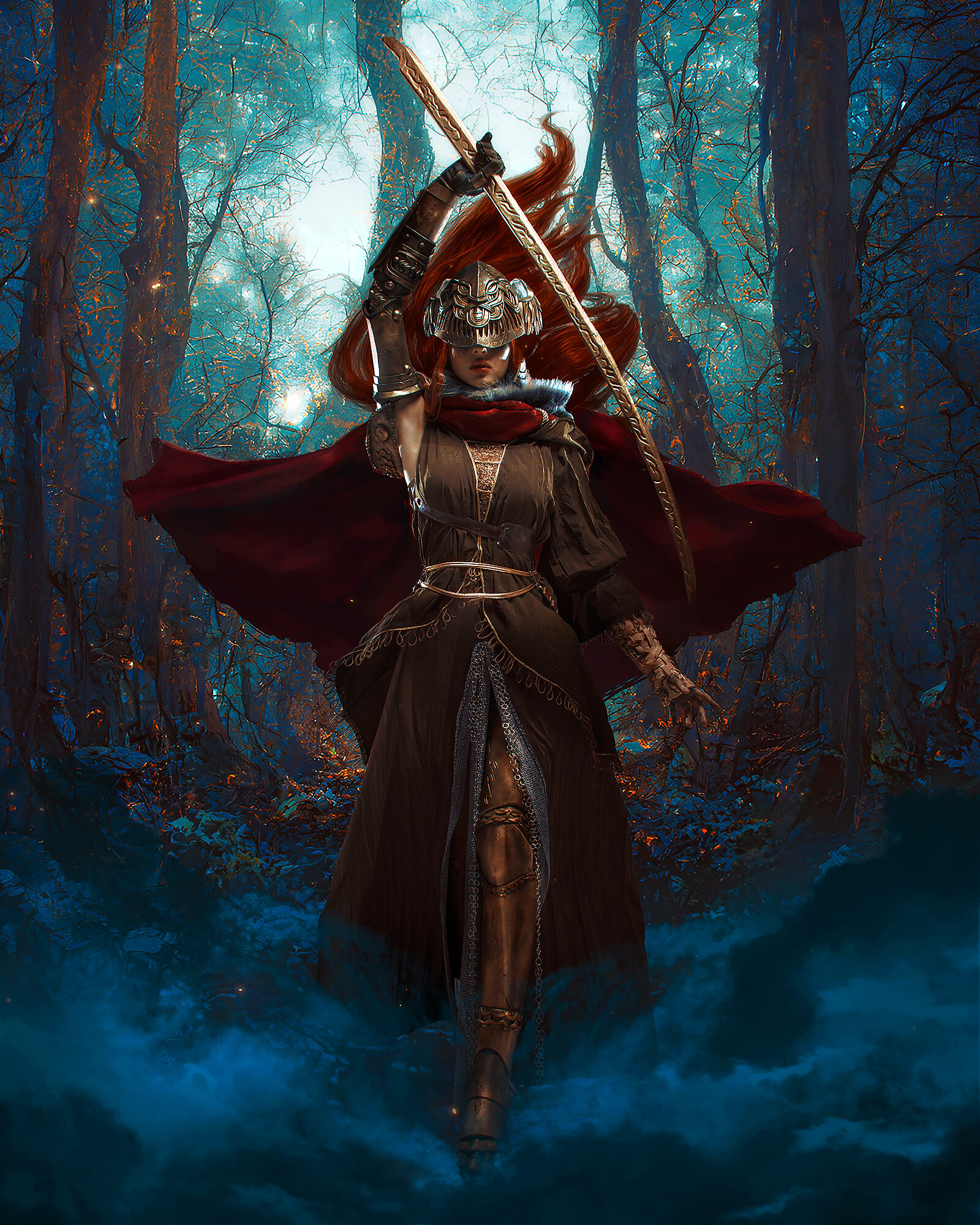 Artwork Women Digital Art Fantasy Art Fantasy Girl Women With Swords Women With Weapons Cape Redhead 1600x2000