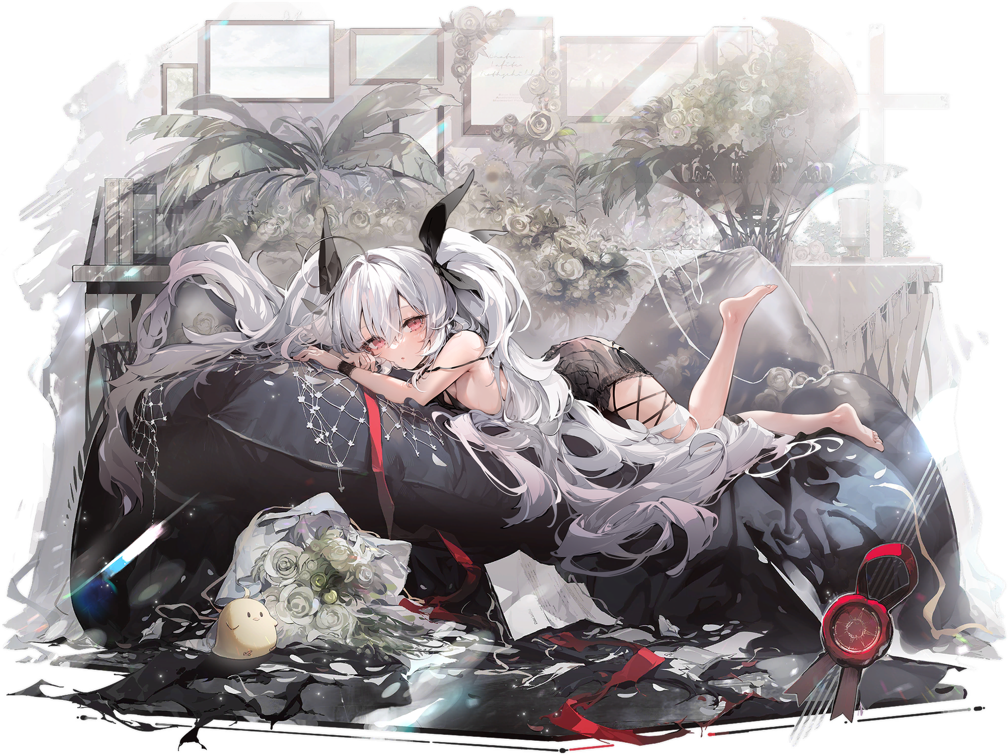Anime Girls Azur Lane Lying On Front Long Hair Feet Water Flowers Looking At Viewer Leaves White Hai 2048x1535