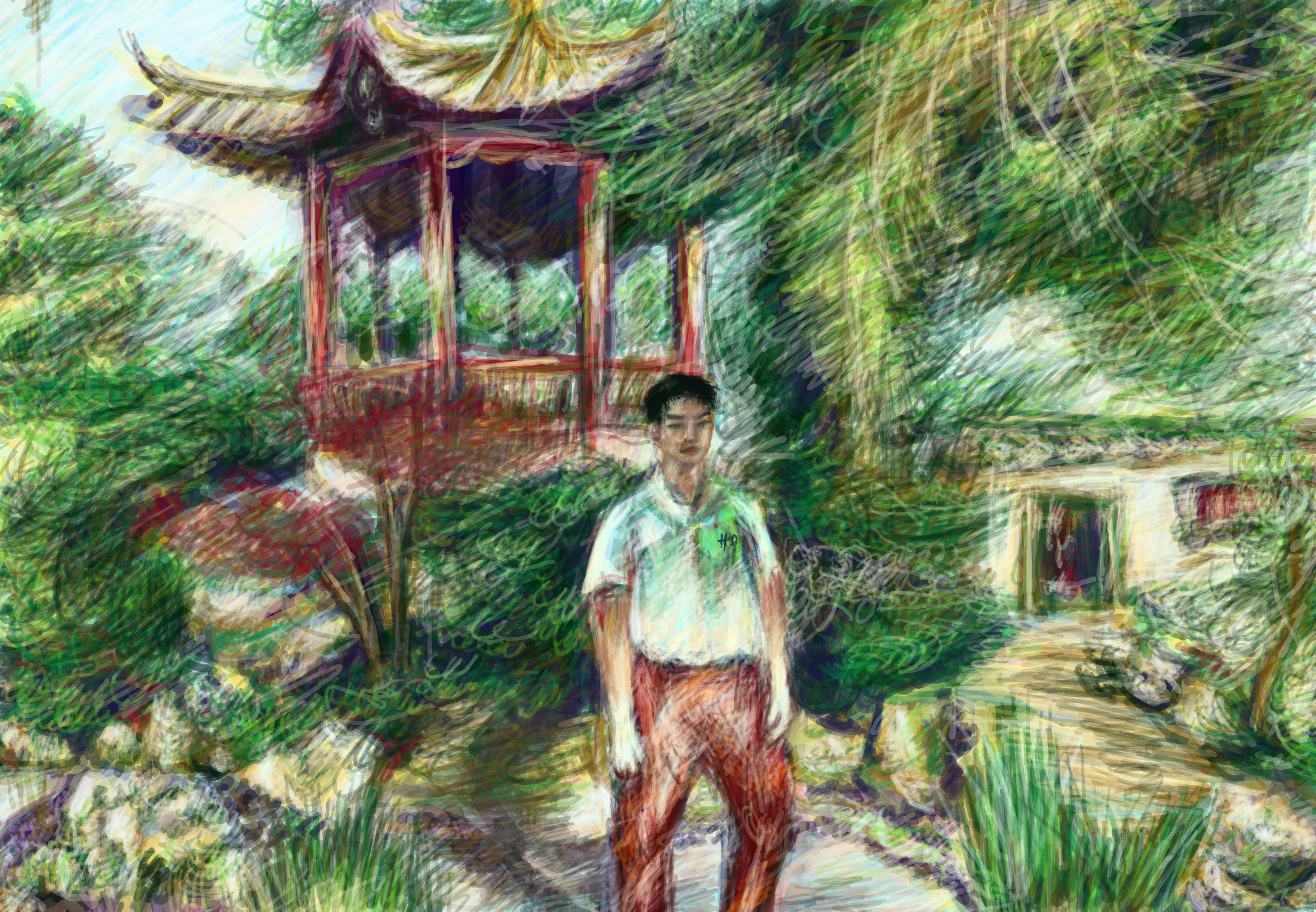 Fauvism Pagoda Chinese Architecture Chinese Garden Garden People Summer Painting Digital Painting Ar 3920x2716