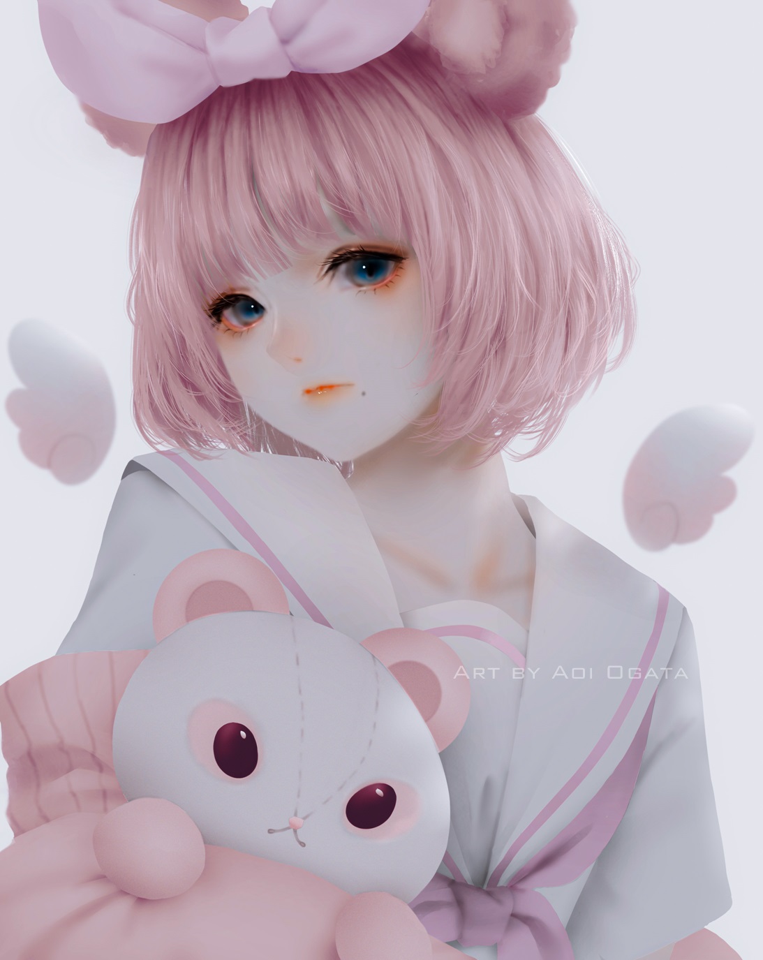 Aoi Ogata 2D Anime Girls Vertical Teddy Bears Pink Hair Blue Eyes 1093x1375