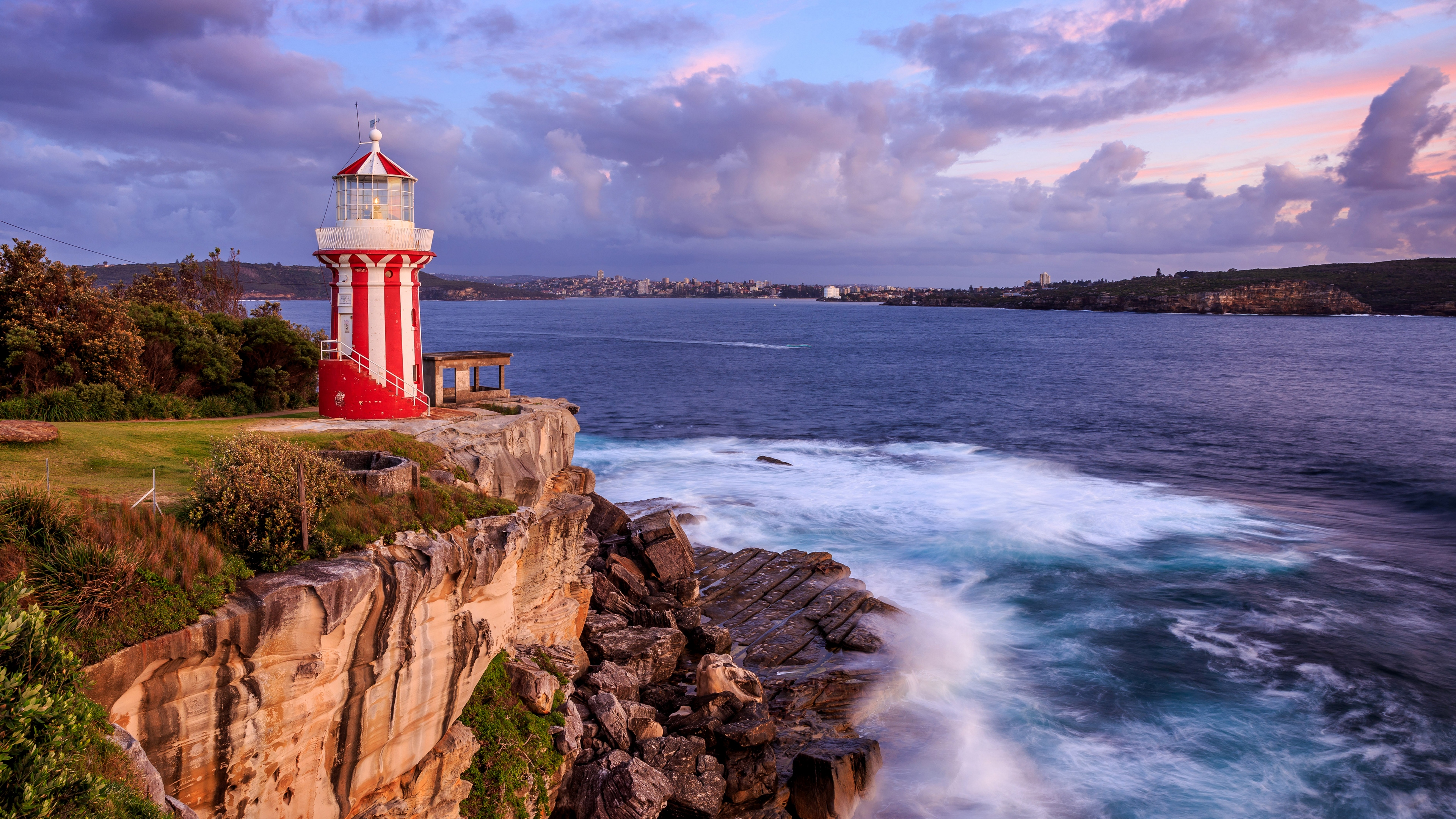 Sydney Australia Sea Coast Rock Lighthouse Sky Clouds Nature Waves Splashes Water 3840x2160